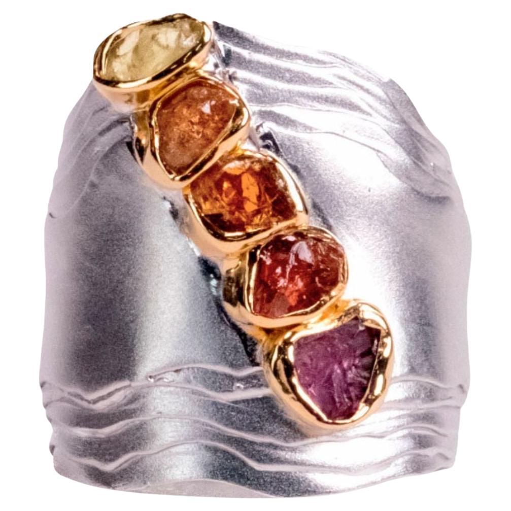 German Kabirski Stratu Natural Mixed Rough Gemstones Layered Silver Ring