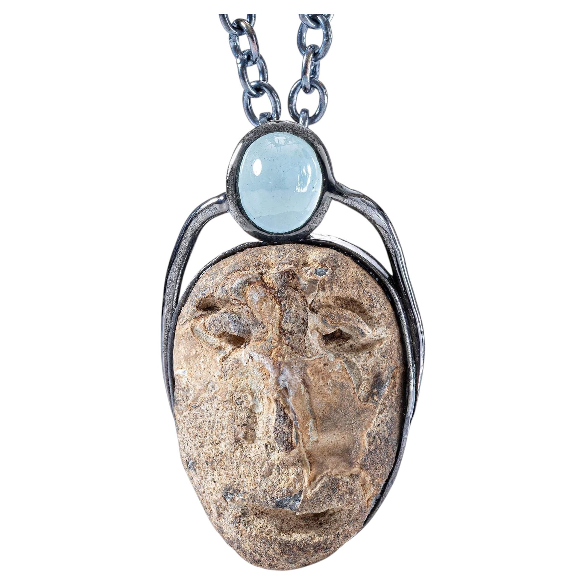 German Kabirski Strix 925 Silver Pendant with Ancient Maskette & Oval Aquamarine