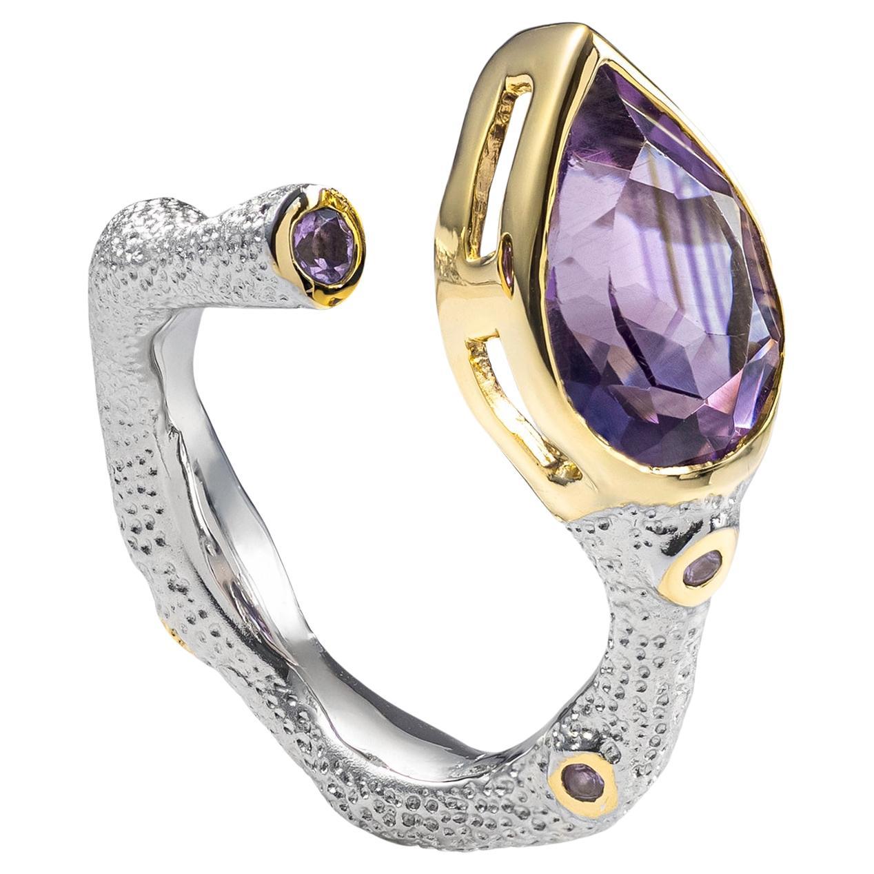 German Kabirski Tangaroa 18K Gold Plated Silver Open Band Ring with Amethyst