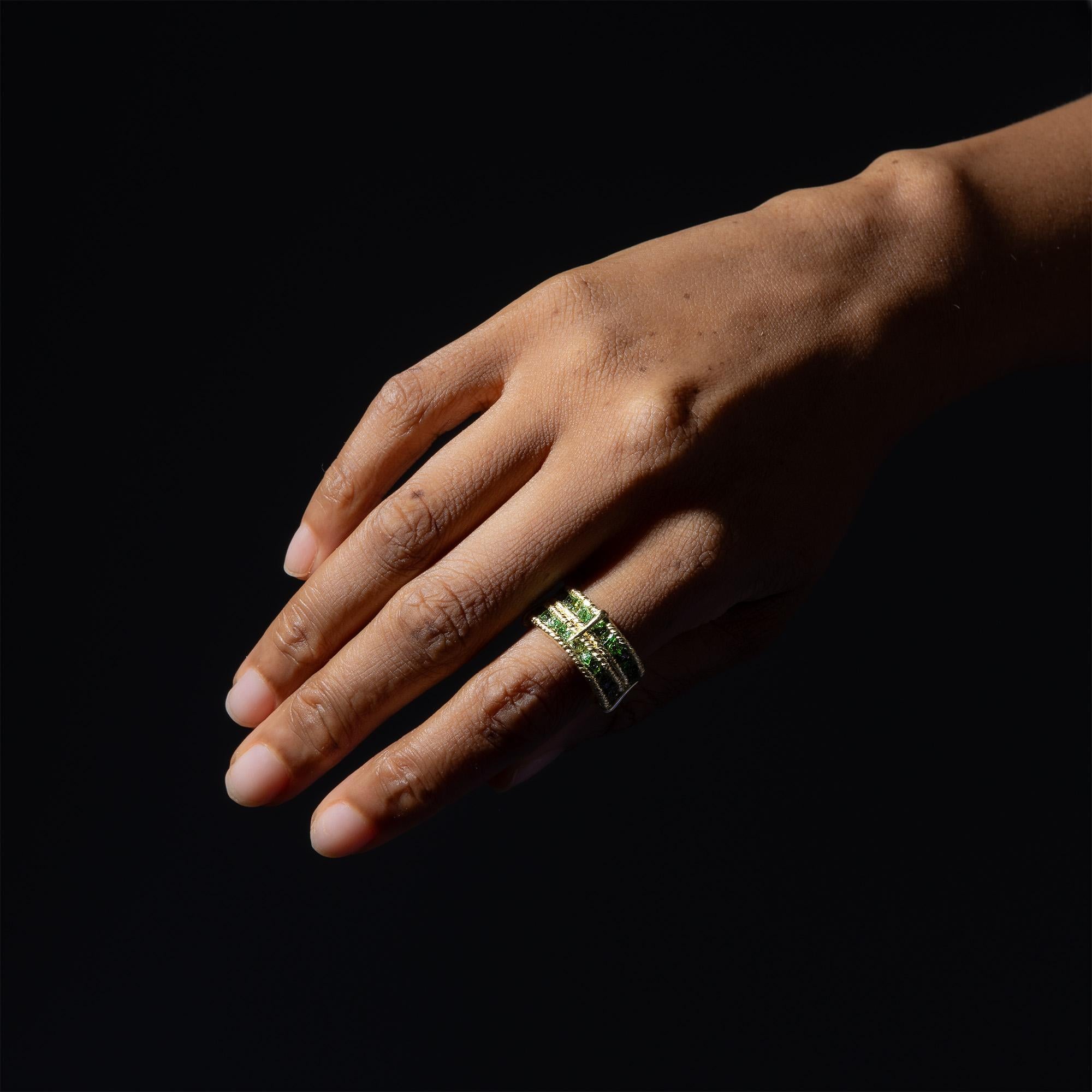 da uomo o donna Anello German Kabirski Tartine in argento placcato oro con granato verde grezzo e tsavorite in vendita