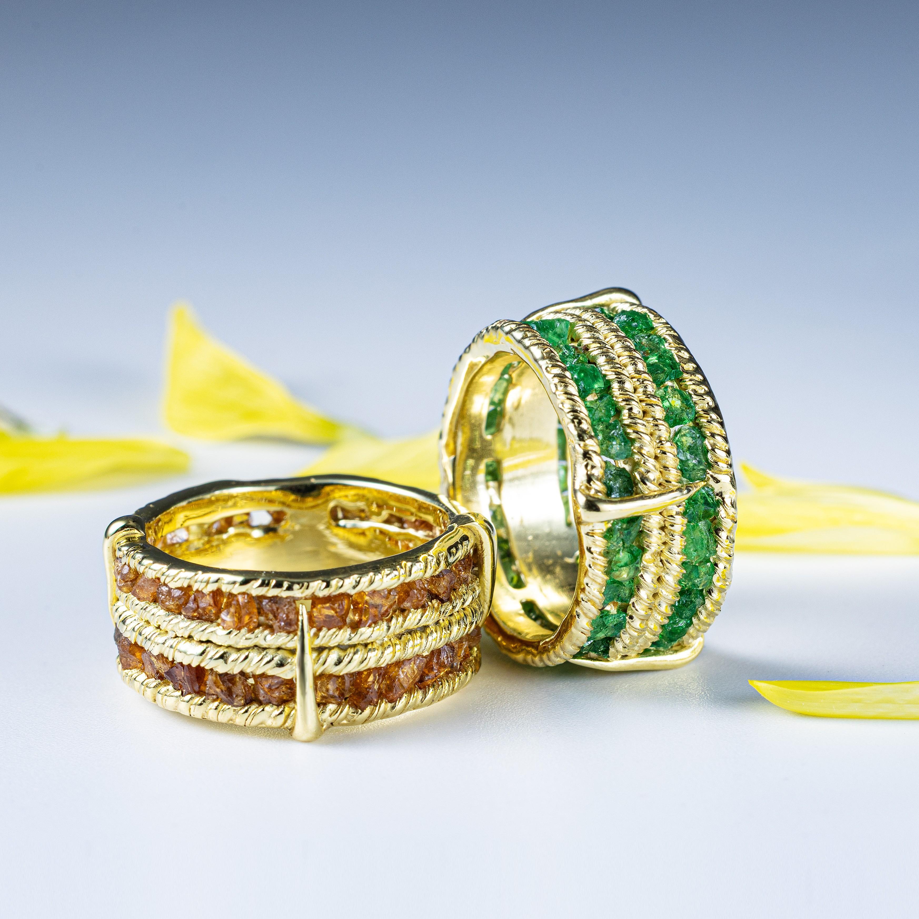 Anello German Kabirski Tartine in argento placcato oro con granato verde grezzo e tsavorite in vendita 2