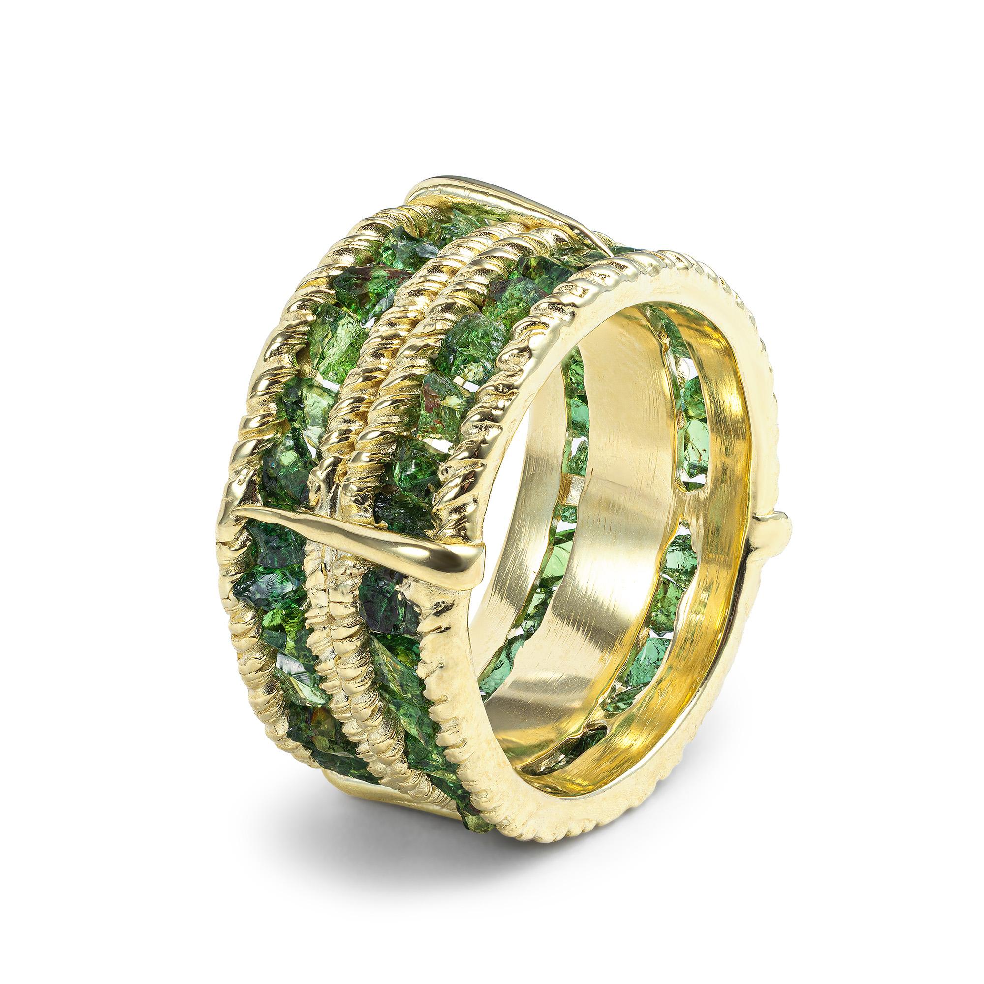 Anello German Kabirski Tartine in argento placcato oro con granato verde grezzo e tsavorite in vendita 3