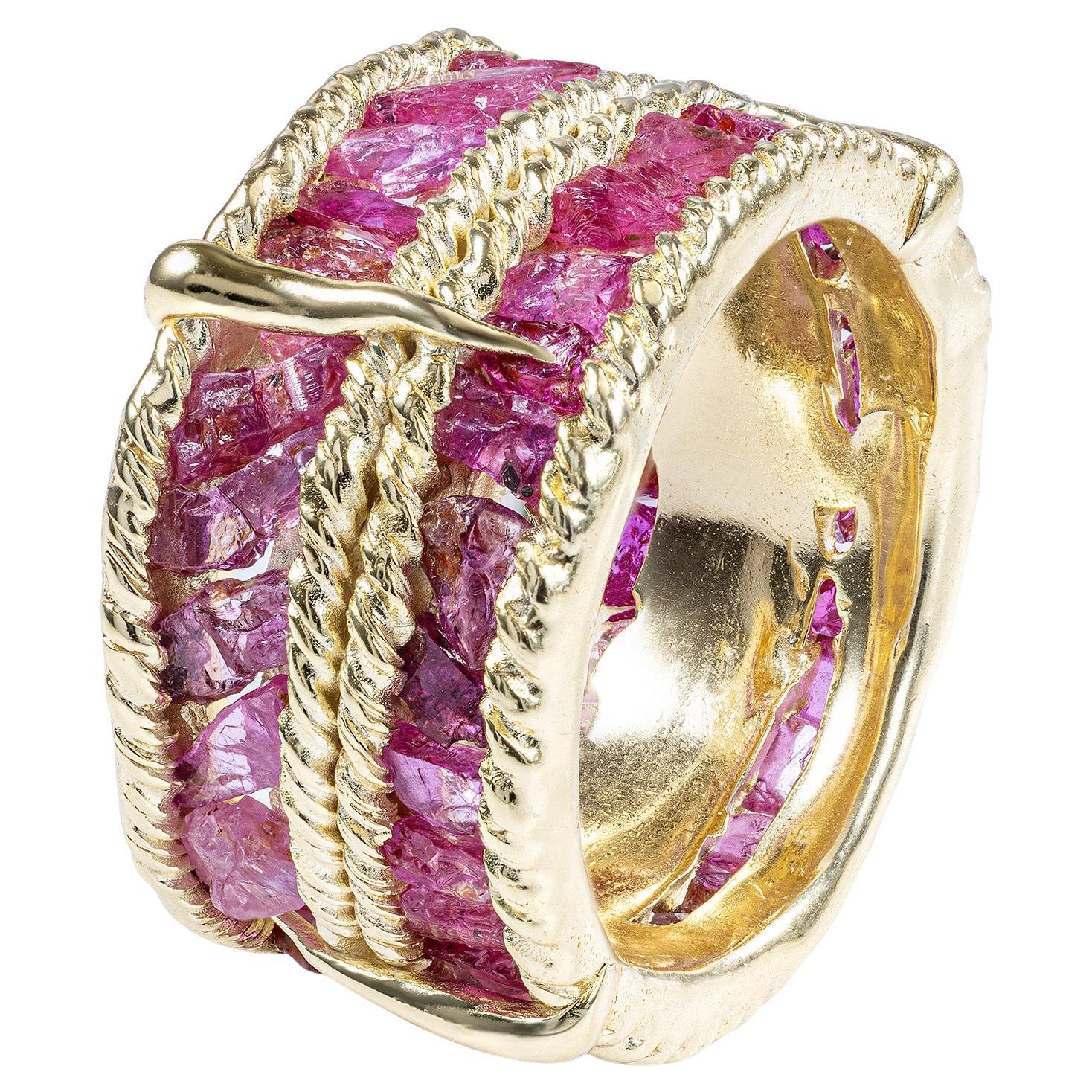 German Kabirski Tartine Natural Raw Ruby Wide Band Gold Plated Silver Ring en vente