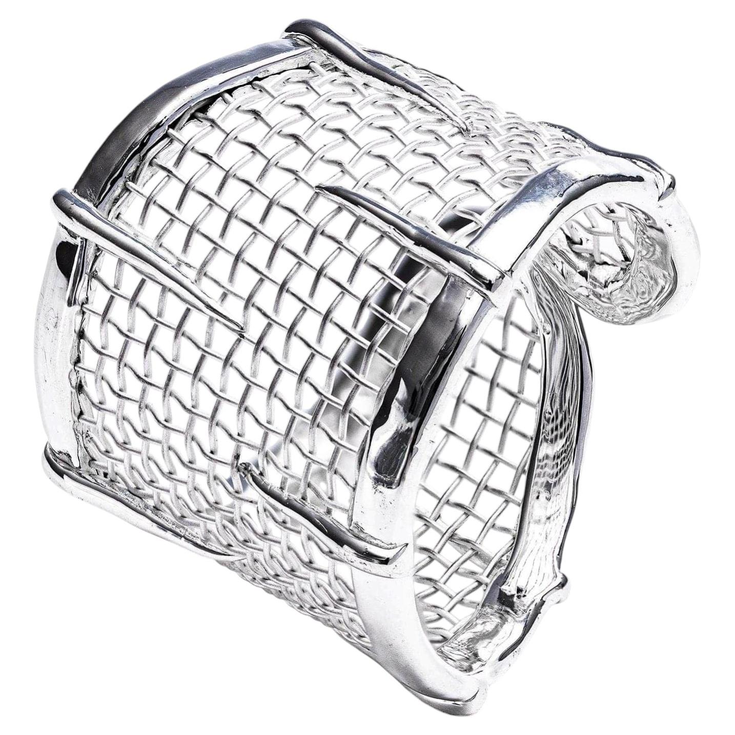 German Kabirski Tessera 925 Silver & Titanium Mesh Adjustable Open Band Ring