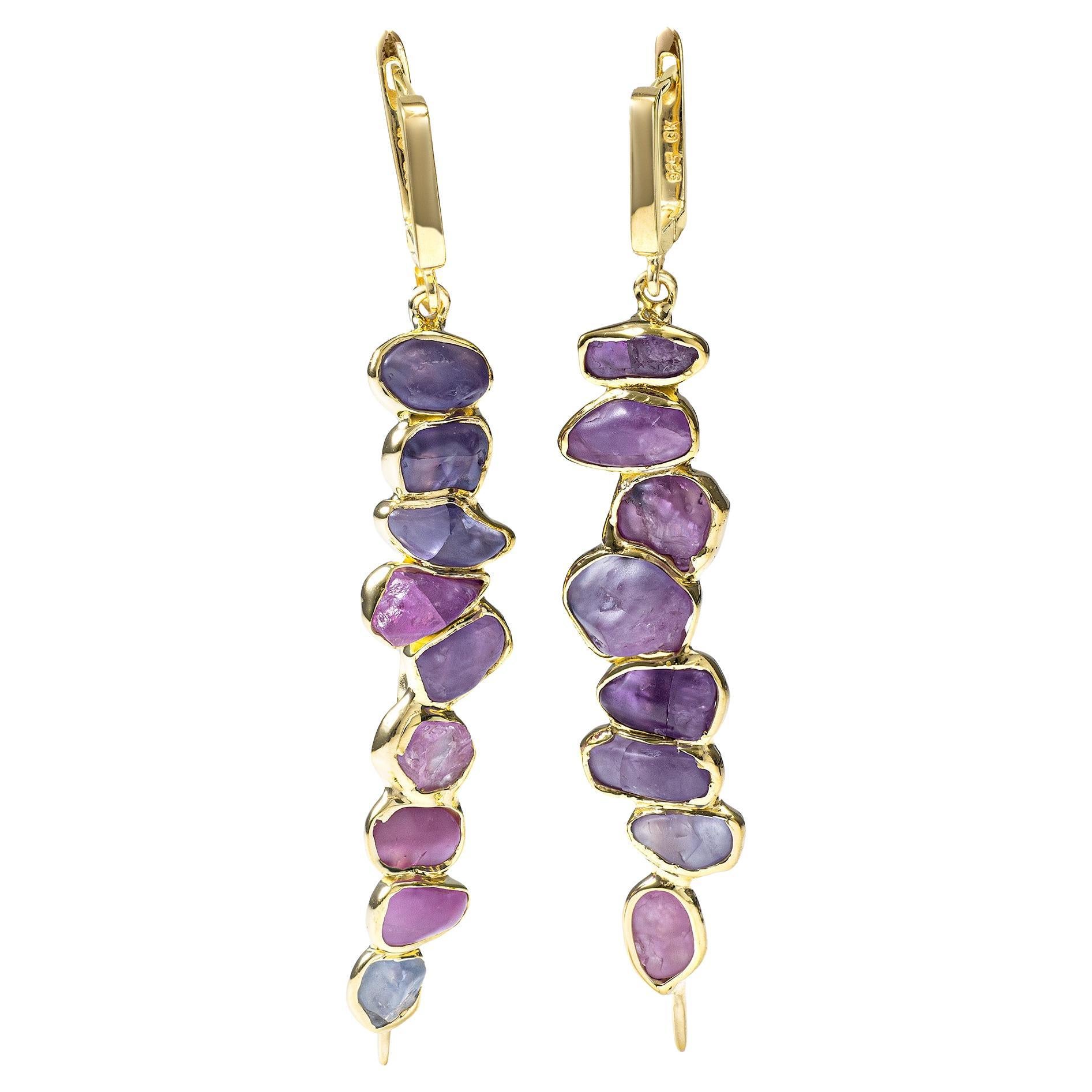 German Kabirski Thera Handcrafted Raw Sapphire Gold Plated Silver Earrings