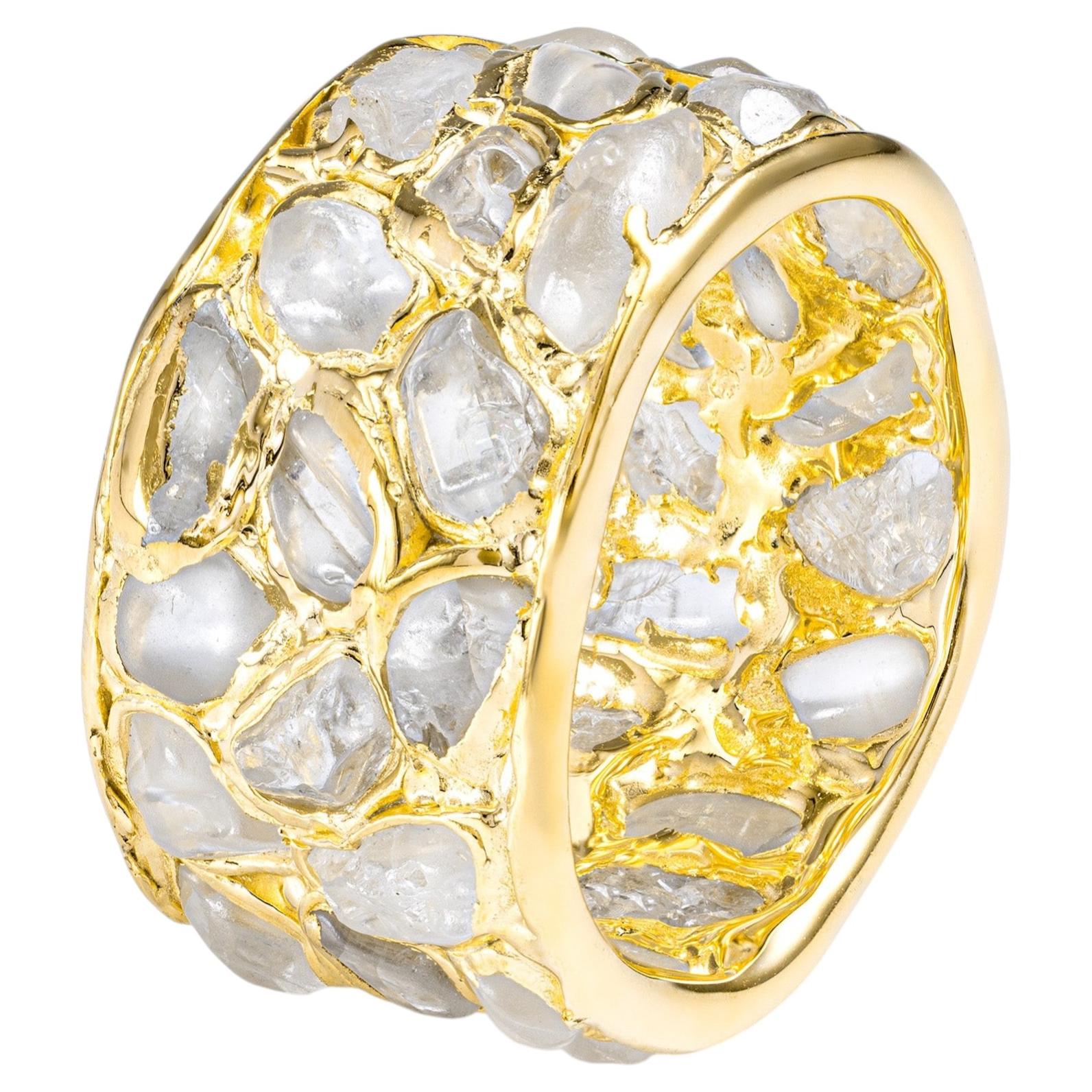 German Kabirski Thia 14K Gold Plated Barrel Ring with Raw White Zircon For Sale
