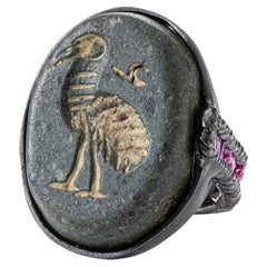 Anello tedesco Kabirski Thoth in argento sterling 925 con rubino grezzo e amuleto a forma di ibis