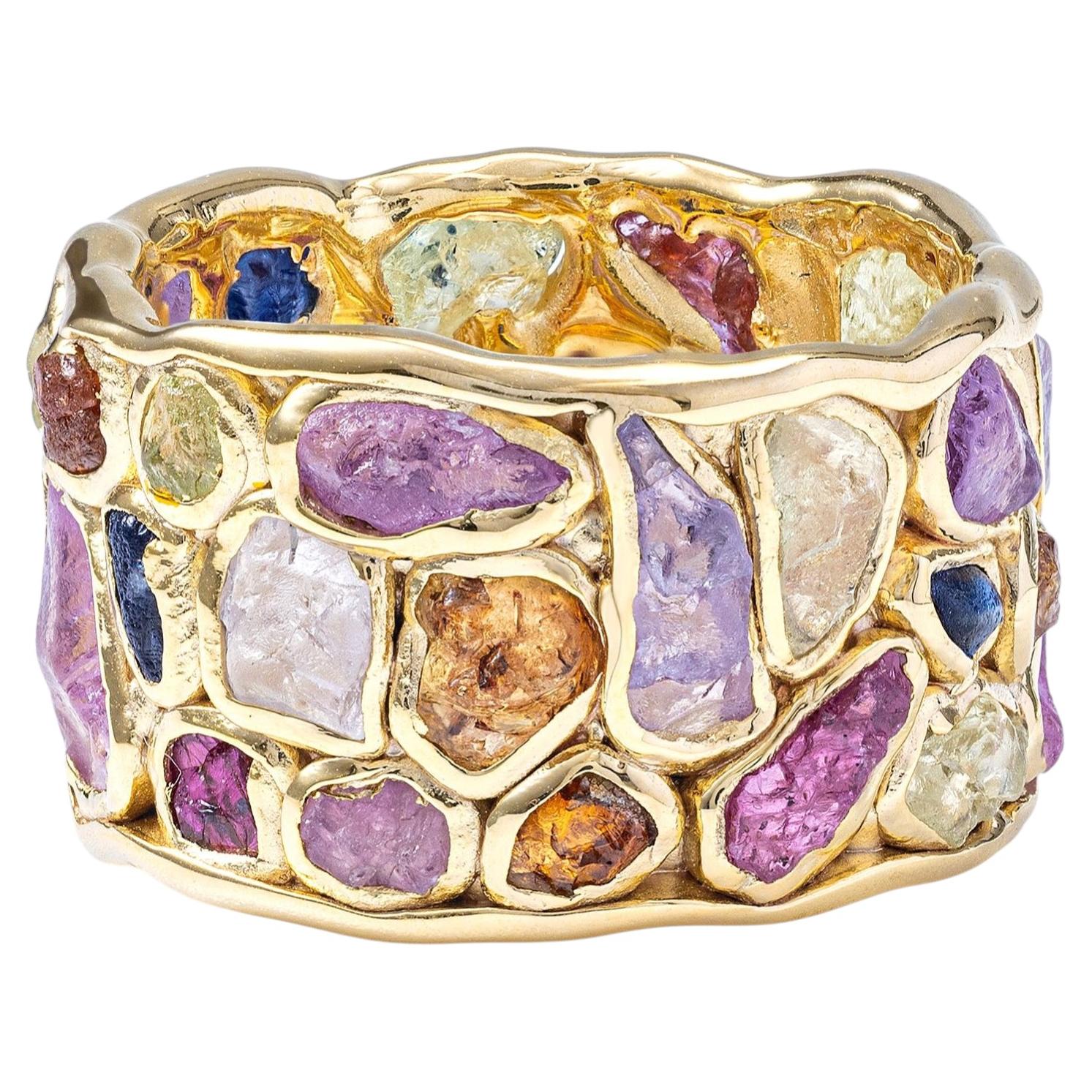 Pre-owned German Kabirski Thunder 18k Gold Plated Silver Barrel Ring With Rough Gemstones In Multiple