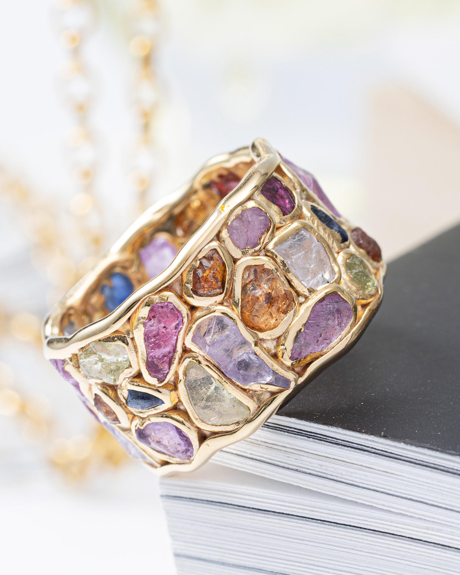 German Kabirski Thunder Raw Sapphire, Ruby, Tsavorite & Chrysoberyl Silver Ring (Zeitgenössisch) im Angebot