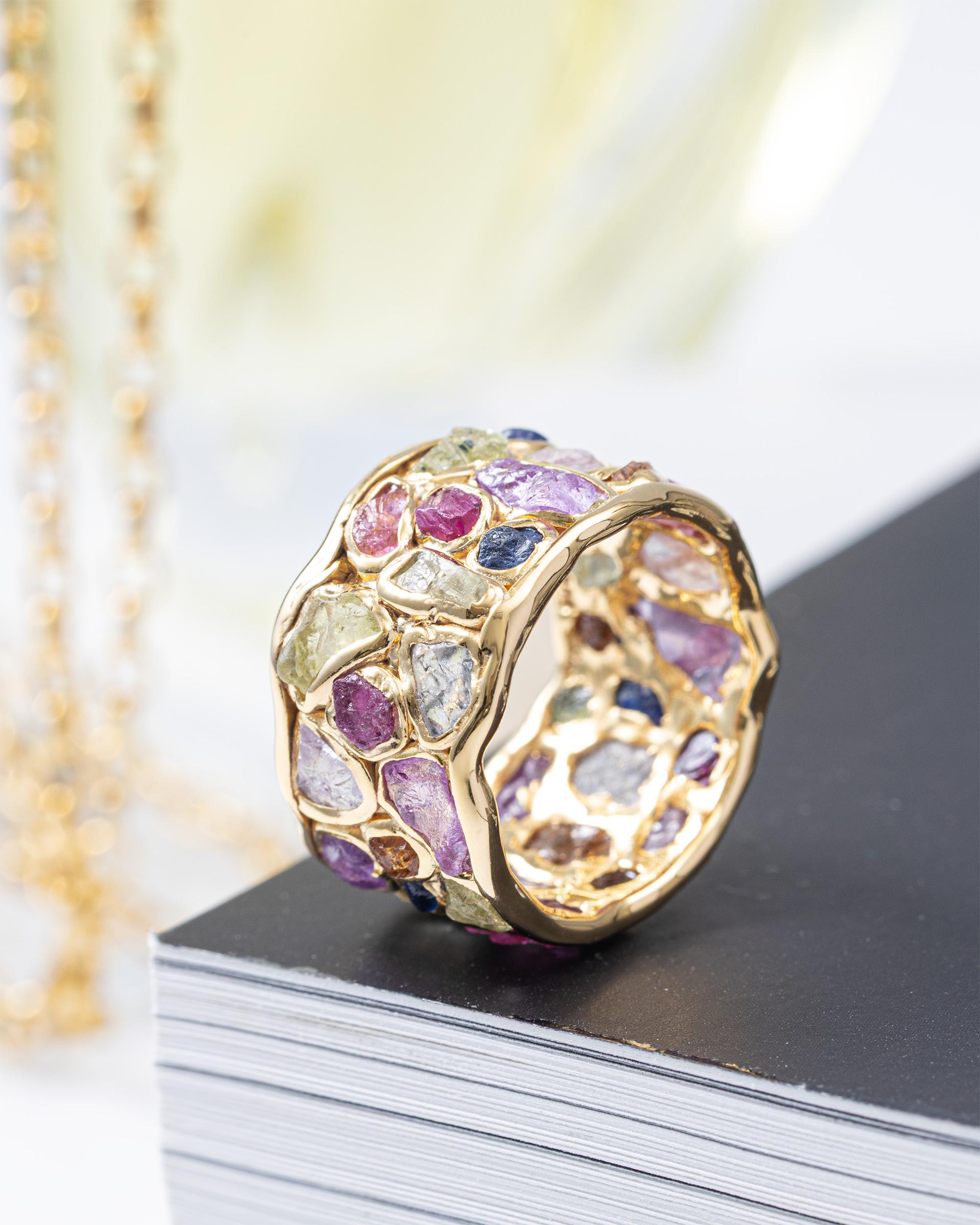 German Kabirski Thunder Raw Sapphire, Ruby, Tsavorite & Chrysoberyl Silver Ring im Angebot 1