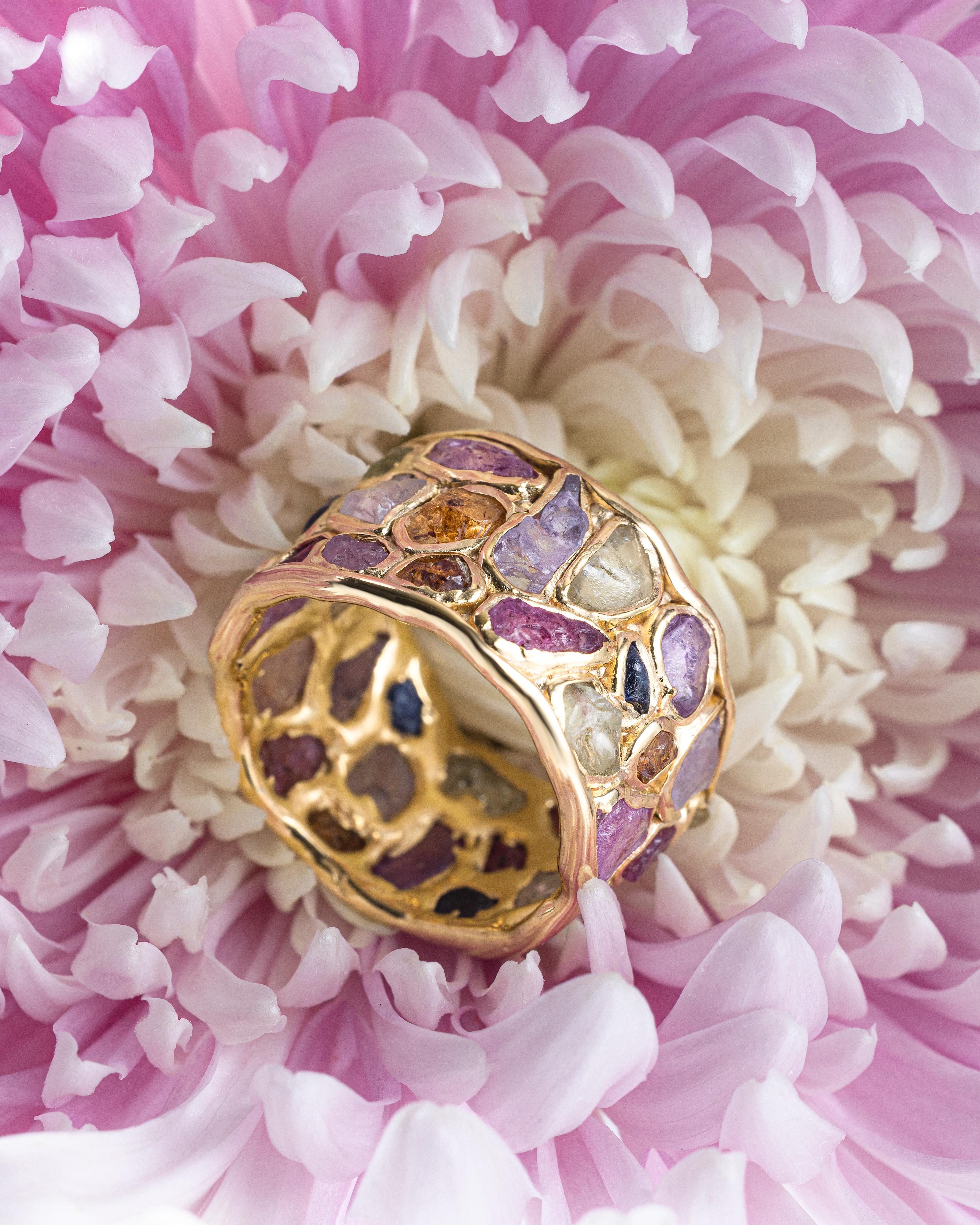 German Kabirski Thunder Raw Sapphire, Ruby, Tsavorite & Chrysoberyl Silver Ring im Angebot 2