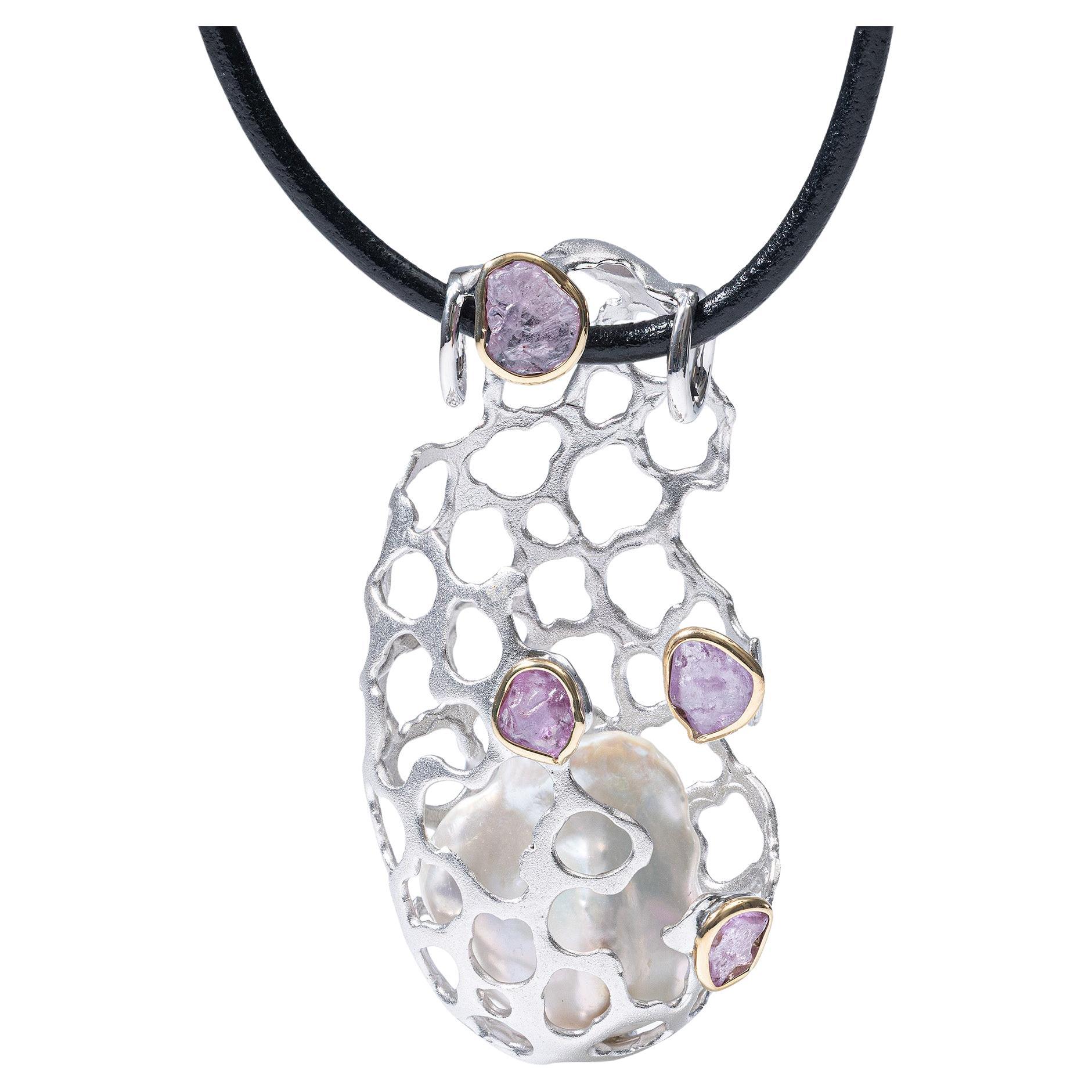 Ciondolo in argento con perle e zaffiri rosa German Kabirski Vayu Singular Edition