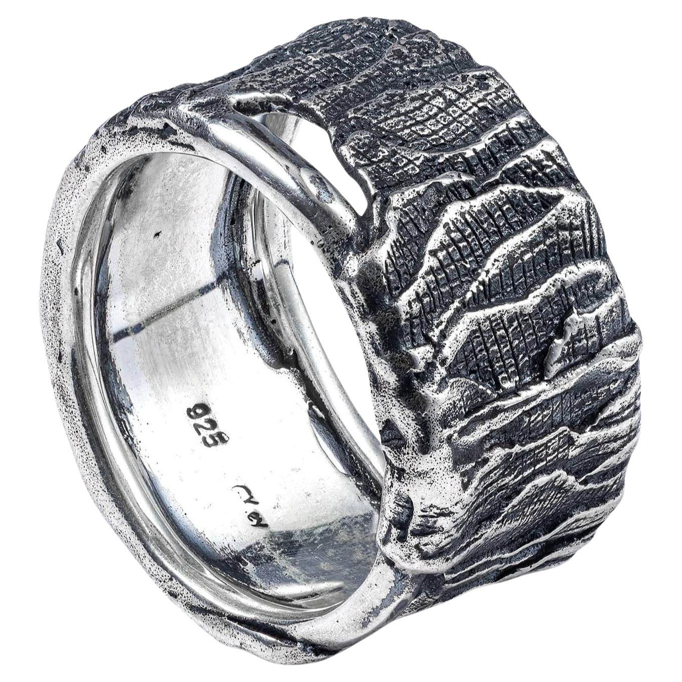 German Kabirski Veldt Oxidized Silver Ring with Organic Wrinkled Texture For Sale