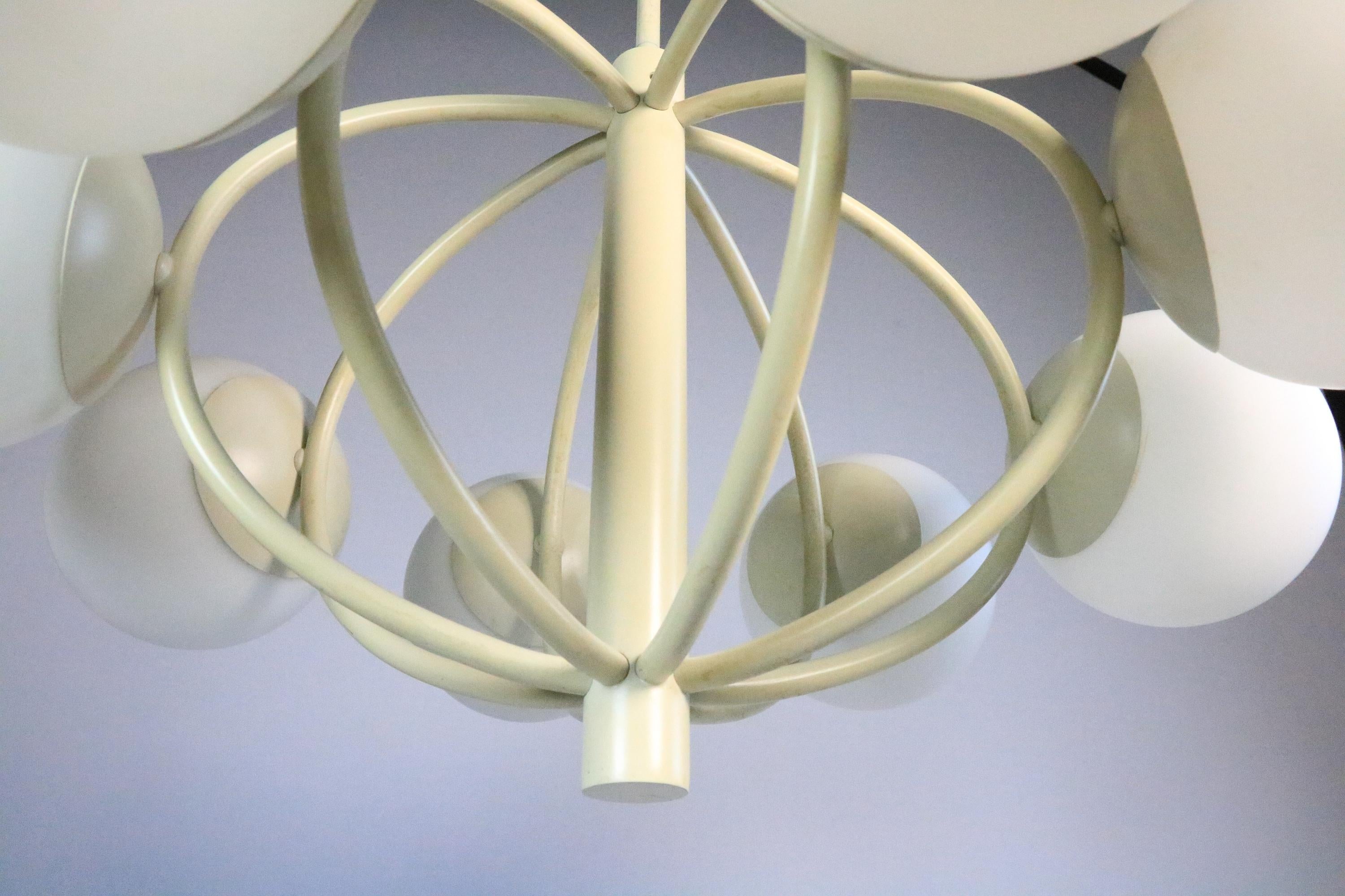 German KAISER Sputnik Chandelier, 8 x White Glass Balls, Original 1970s 4