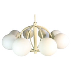 German KAISER Sputnik Chandelier, 8 x White Glass Balls, Original 1970s