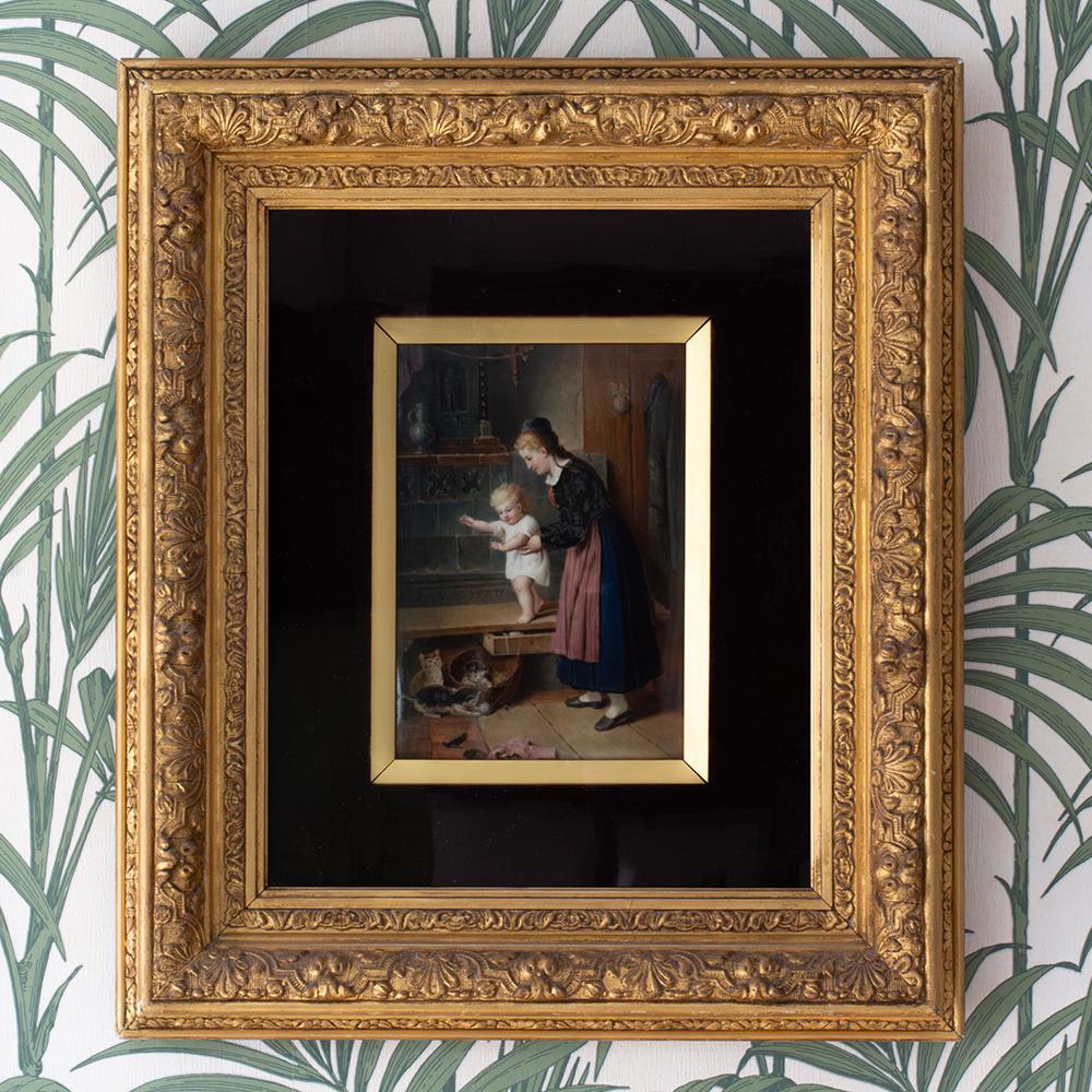 High Victorian German KPM Porcelain Plaque Mother and Child with Kittens For Sale