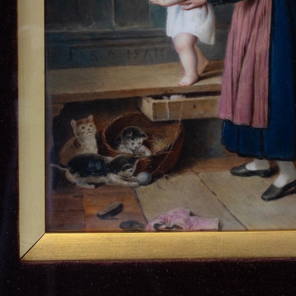 German KPM Porcelain Plaque Mother and Child with Kittens In Good Condition For Sale In Newark, England