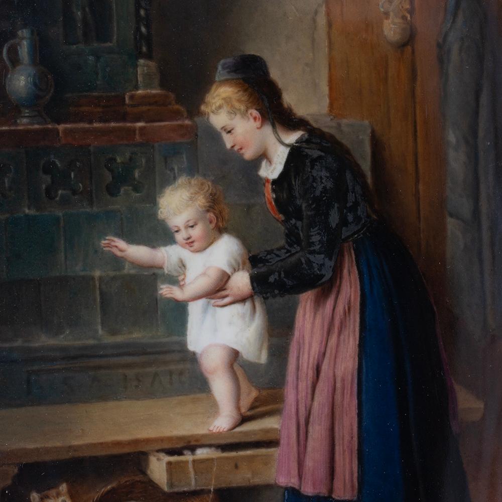 19th Century German KPM Porcelain Plaque Mother and Child with Kittens For Sale