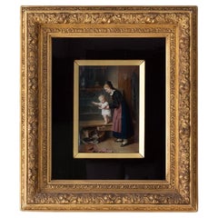 Placa de porcelana alemana KPM Madre e hijo con gatitos