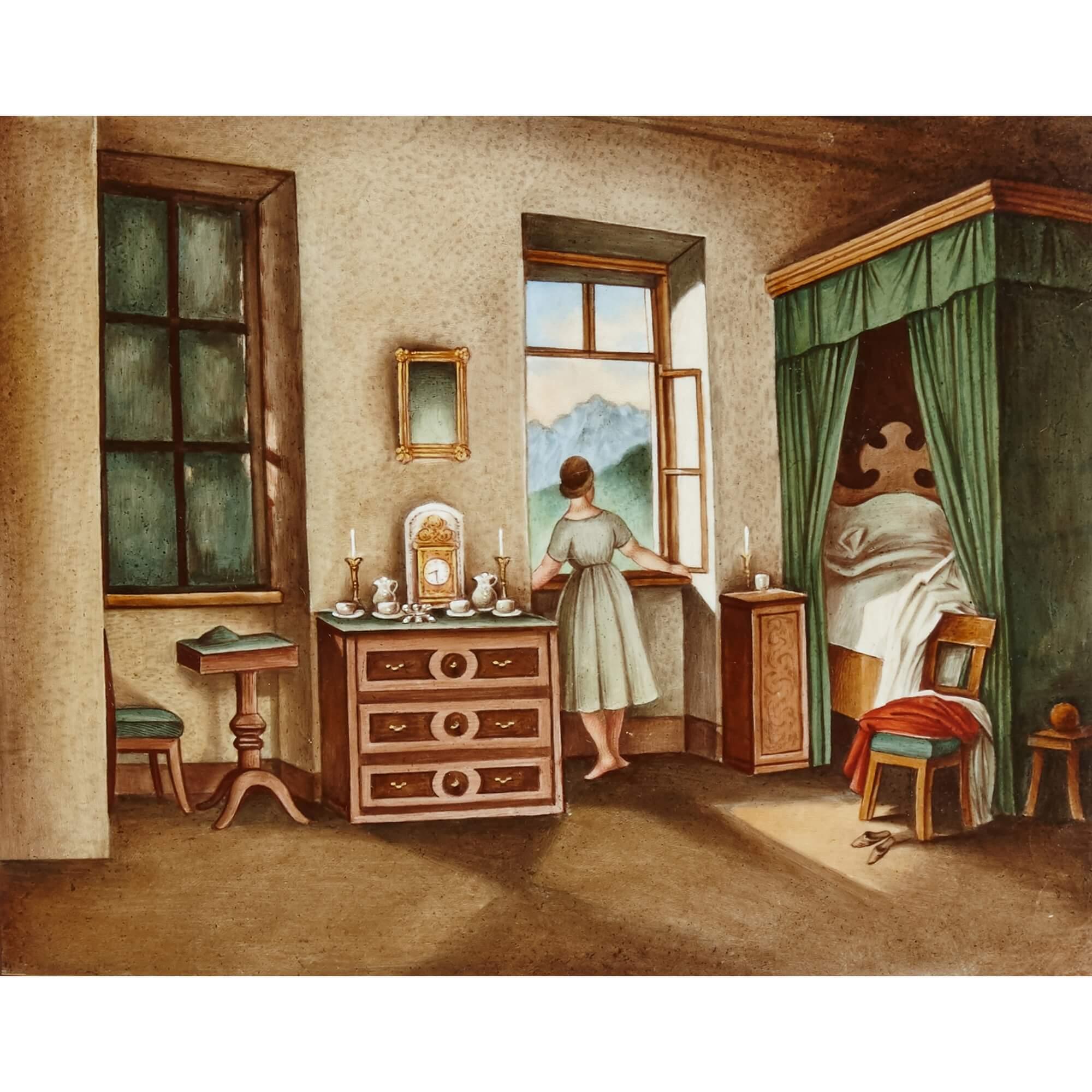 German KPM porcelain plaque of an interior bedroom scene
German, late 19th century
Dimensions: Frame height 38cm, width 44cm, plaque height 26.5cm, width 31cm

This fine porcelain plaque by KPM is painted with an interior bedroom scene. A woman