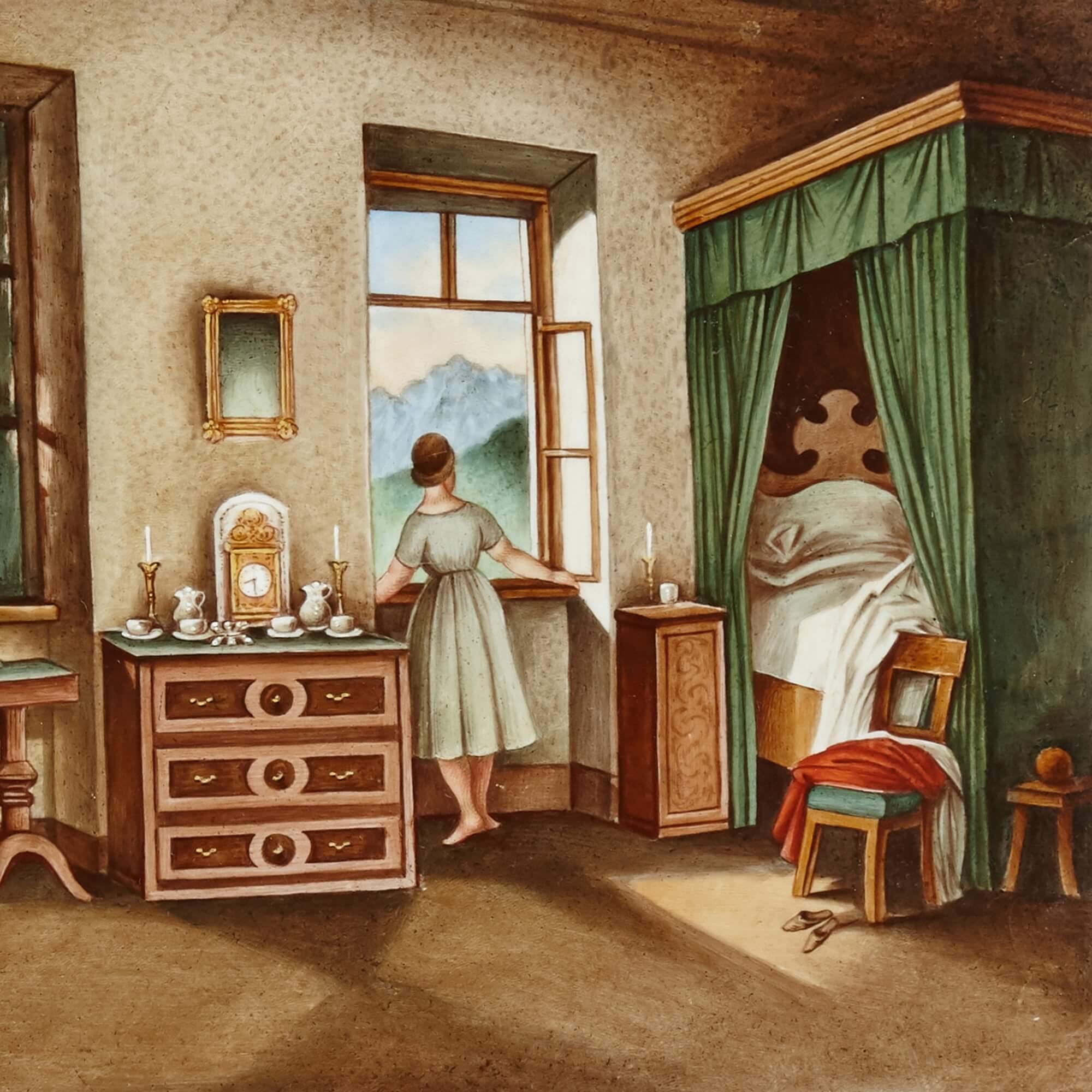 Hand-Painted German KPM Porcelain Plaque of an Interior Bedroom Scene For Sale