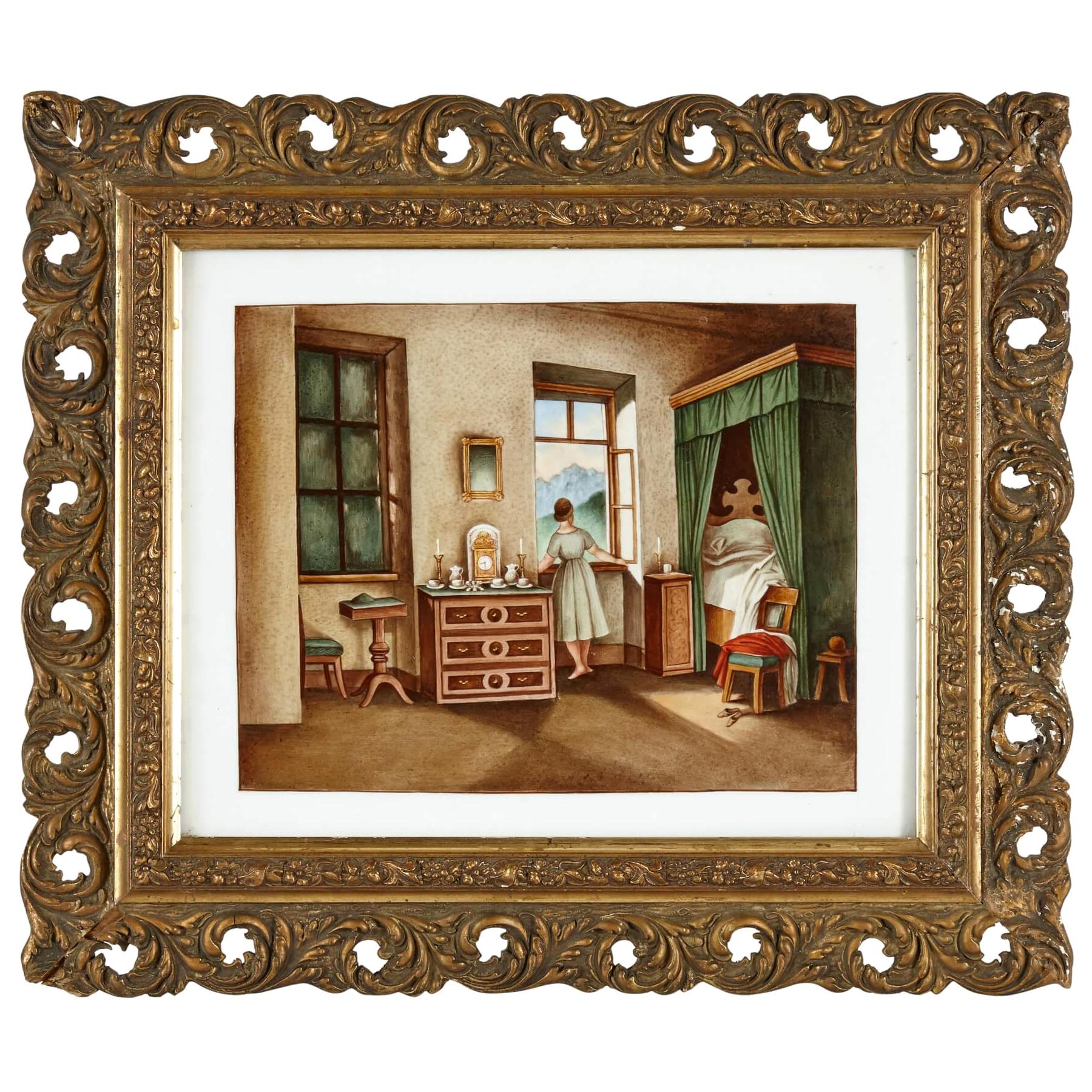 Placa de porcelana alemana KPM Porcelain de una escena de dormitorio interior