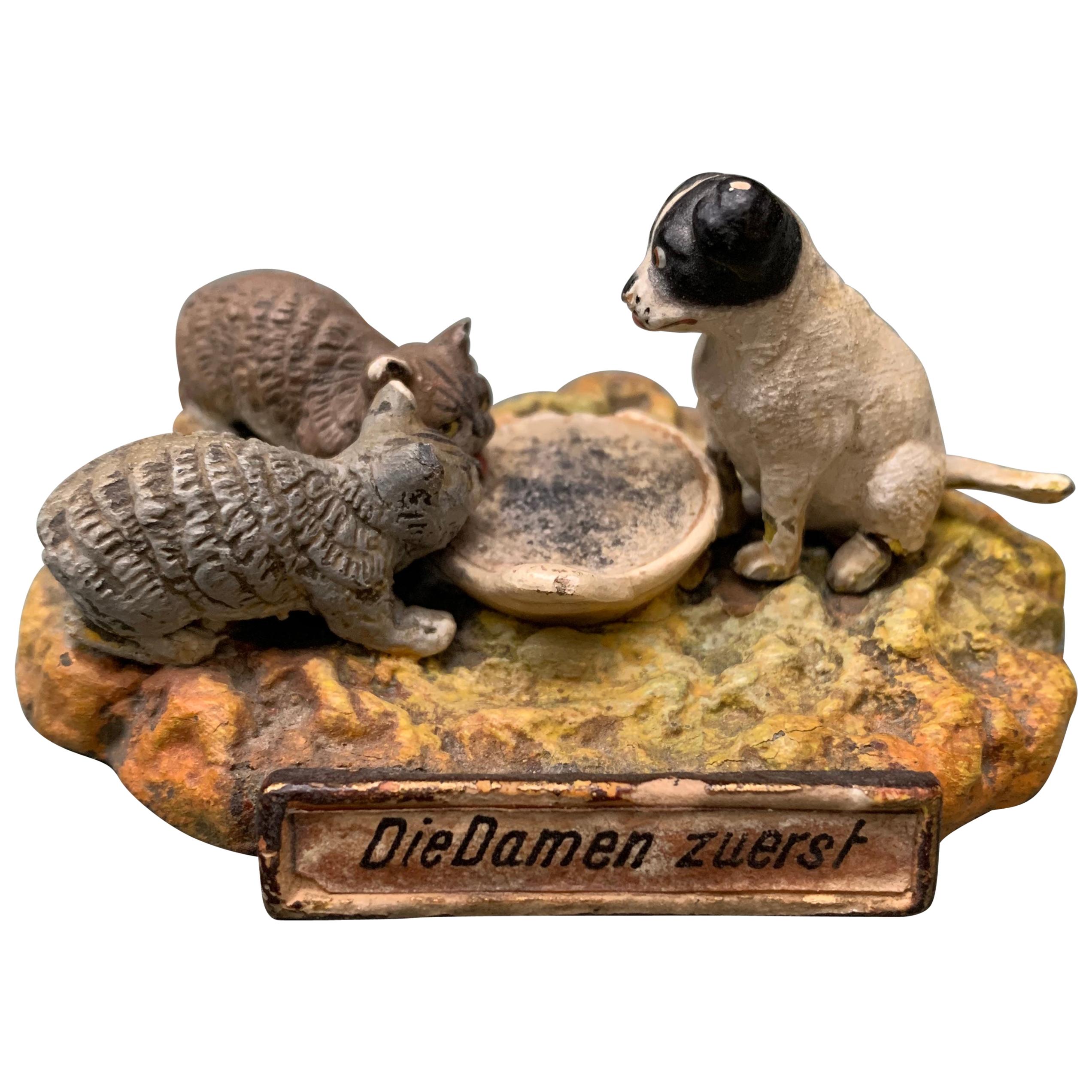 Deutsche deutsche Damen-Bronze-Skulptur von Katzen und Hund