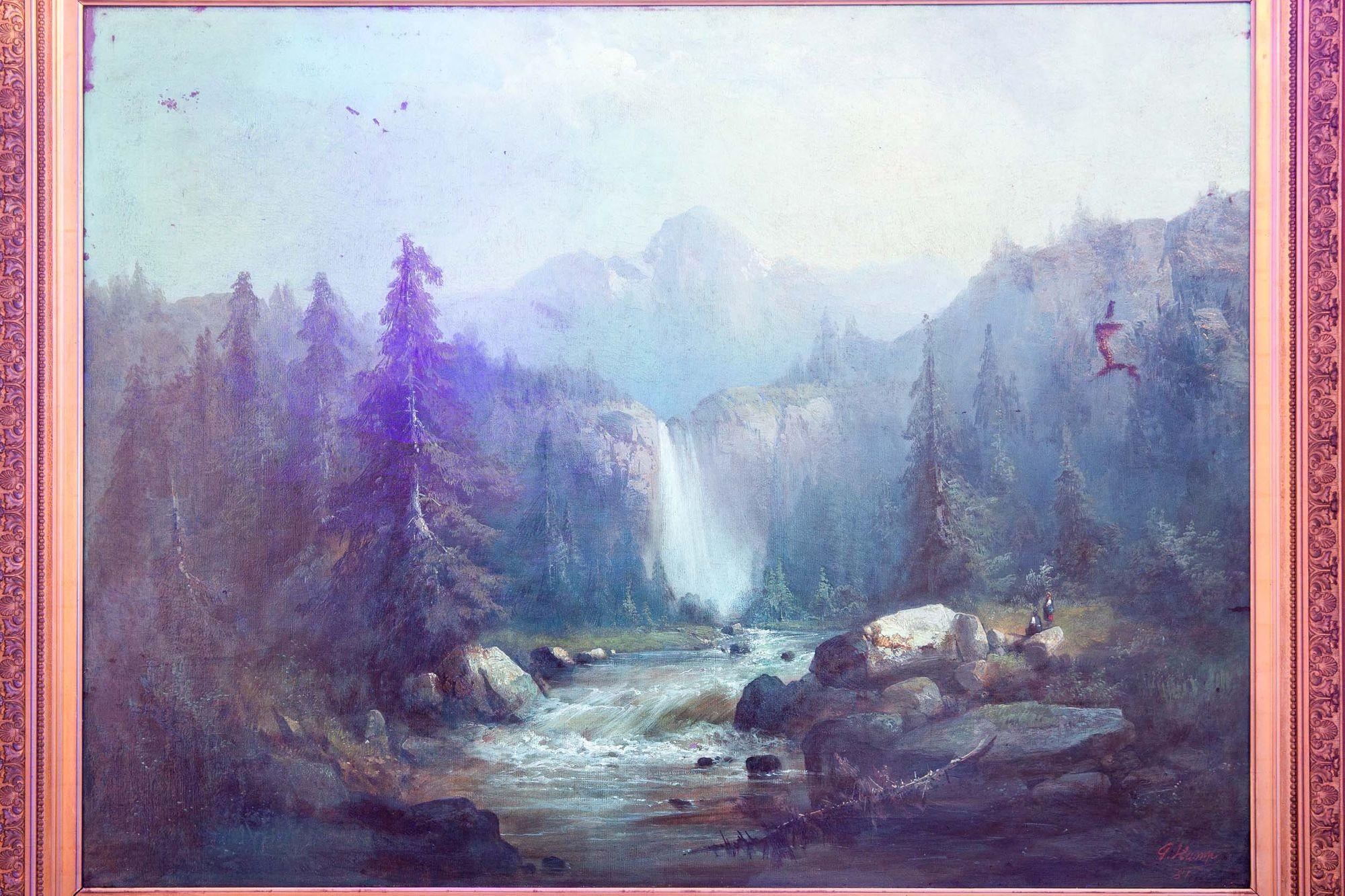 German Landscape Painting of Alpine Mountain Waterfall by Guido Hampe For Sale 4
