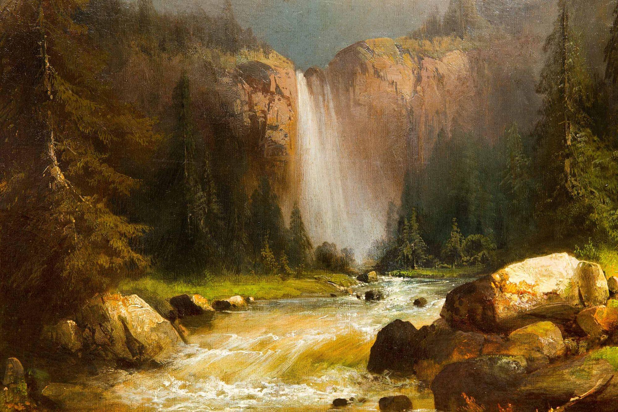 German Landscape Painting of Alpine Mountain Waterfall by Guido Hampe For Sale 7