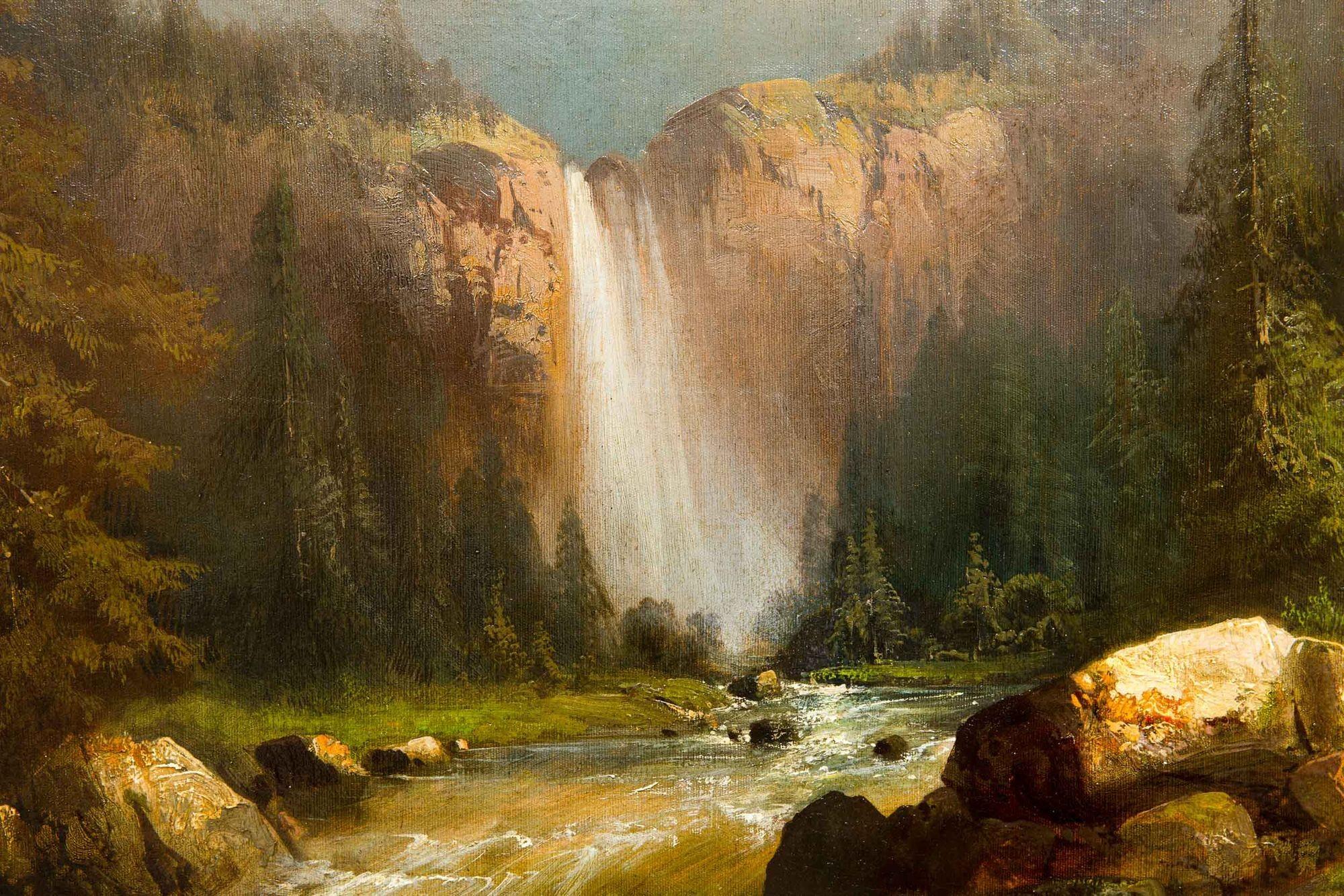 German Landscape Painting of Alpine Mountain Waterfall by Guido Hampe For Sale 9