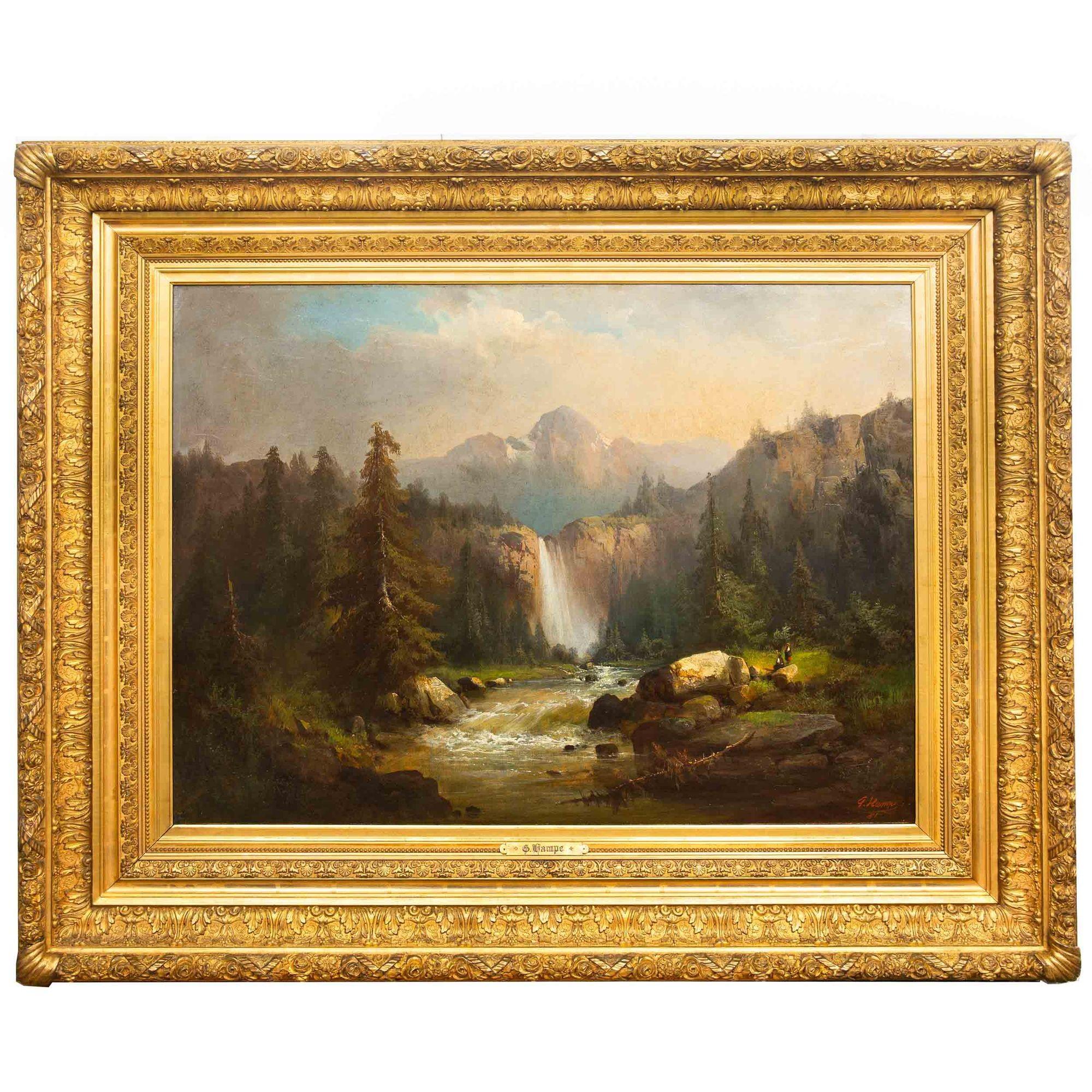 Romantique Peinture de paysage allemande représentant une cascade de montagne alpine par Guido Hampe en vente