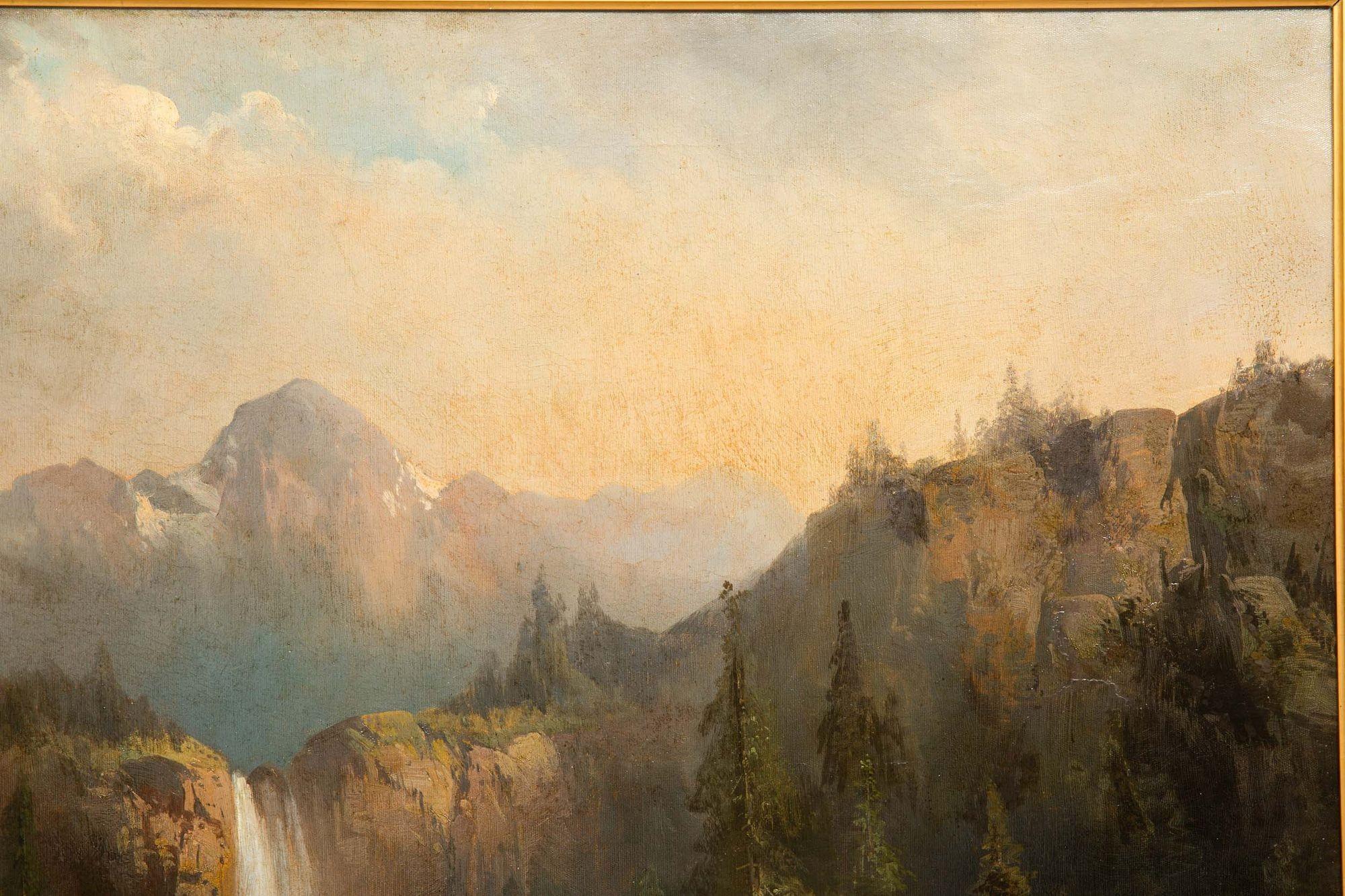 Romantic German Landscape Painting of Alpine Mountain Waterfall by Guido Hampe For Sale