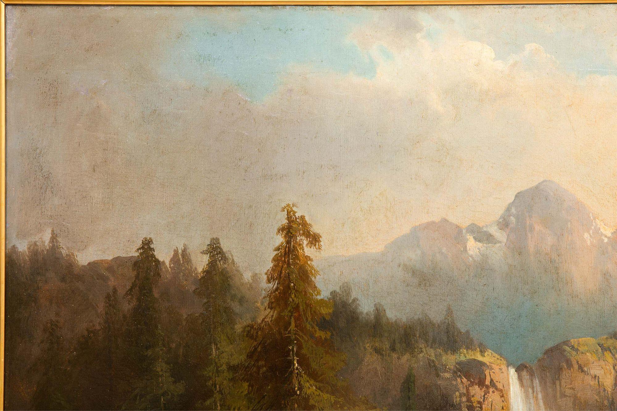 German Landscape Painting of Alpine Mountain Waterfall by Guido Hampe In Good Condition For Sale In Shippensburg, PA