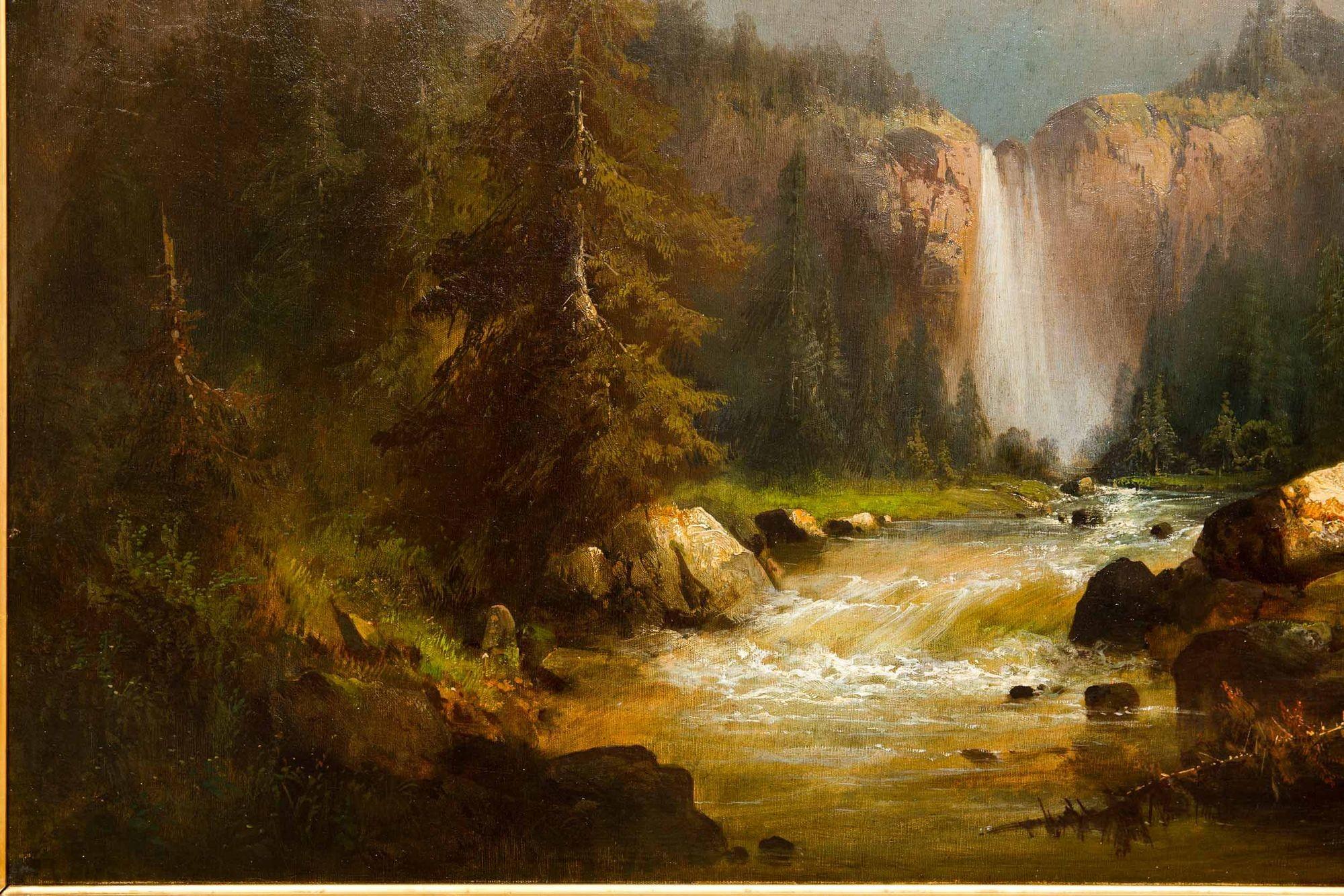 Canvas German Landscape Painting of Alpine Mountain Waterfall by Guido Hampe For Sale