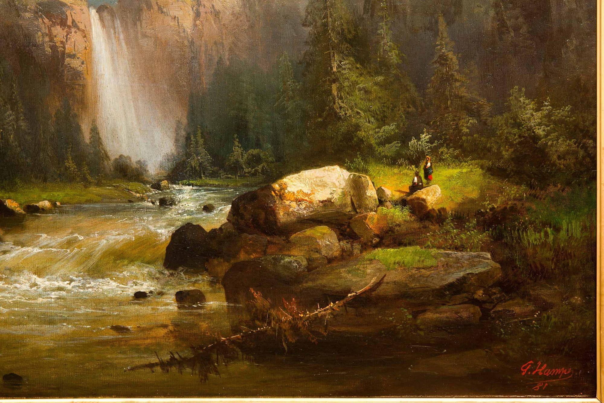 German Landscape Painting of Alpine Mountain Waterfall by Guido Hampe For Sale 1