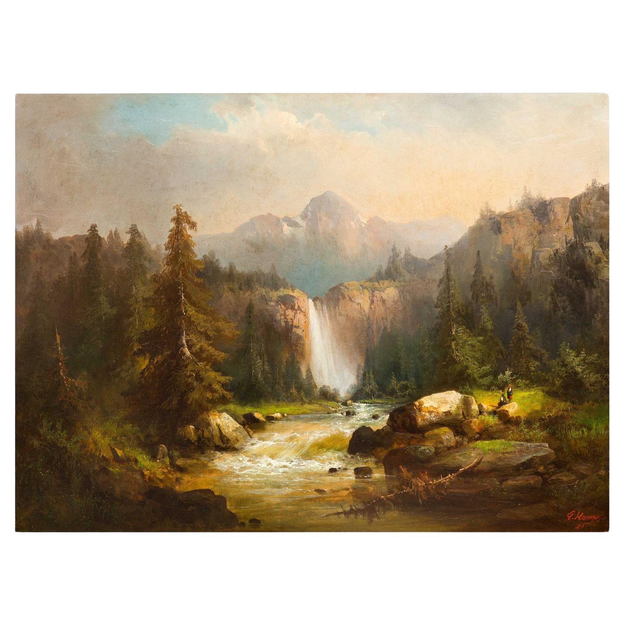 German Landscape Painting of Alpine Mountain Waterfall by Guido Hampe