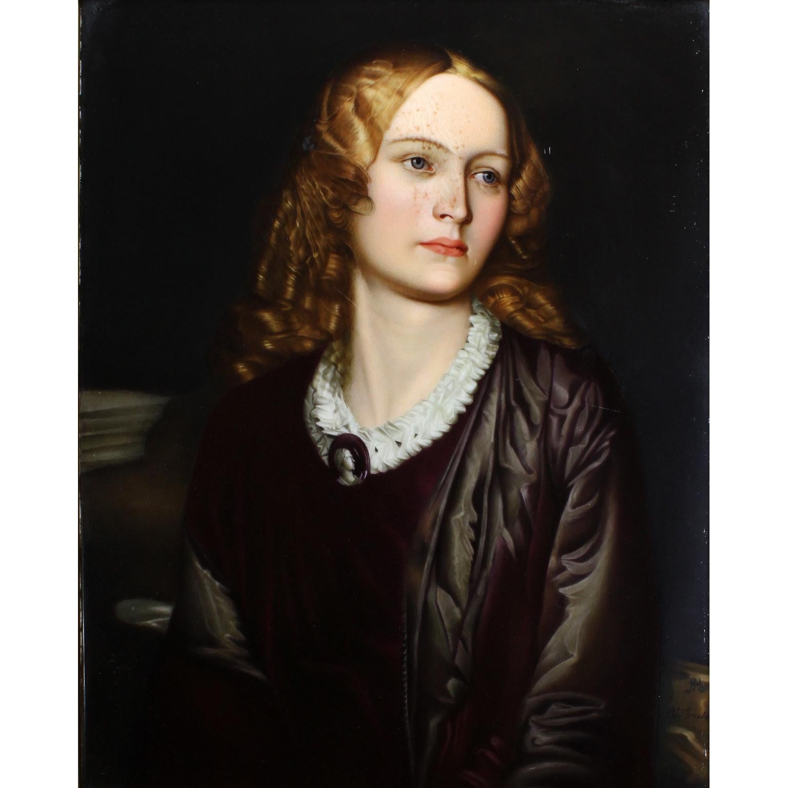 A fine German late 19th century Berlin (K.P.M.) Porcelain plaque of Mary Ann Collman, wife of Leonard Collman, After the original artwork by Alfred Stevens 1817–1875. The finely painted rectangular Victorian style plaque depicting a portrait of a