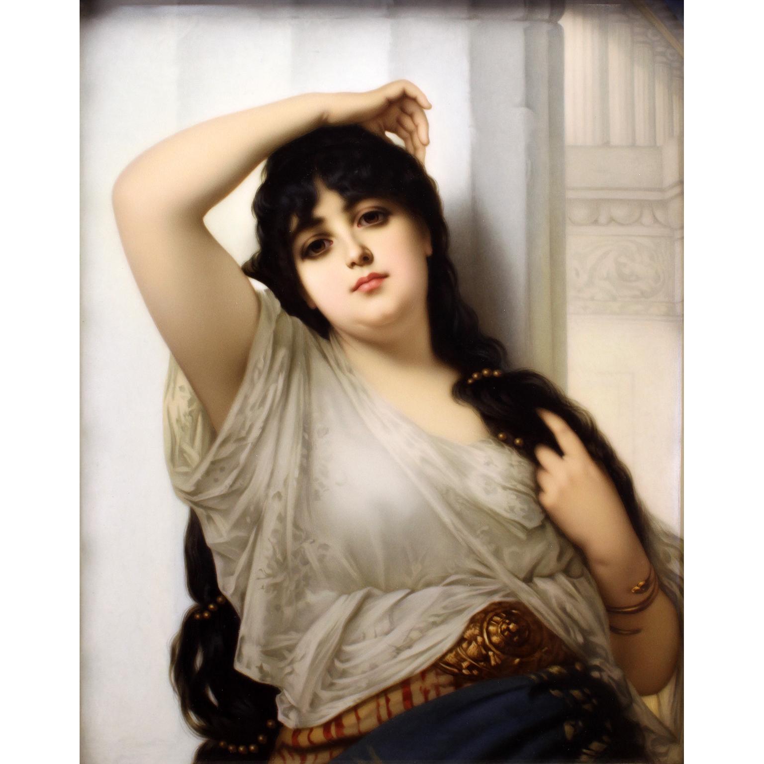 A fine German late 19th century Berlin (K.P.M.) Porcelain Plaque of a Young Orientalist Beauty. The finely painted rectangular plaque depicting a portrait of a posting young maiden within Greco Roman columns and ruins, her right arm above her head