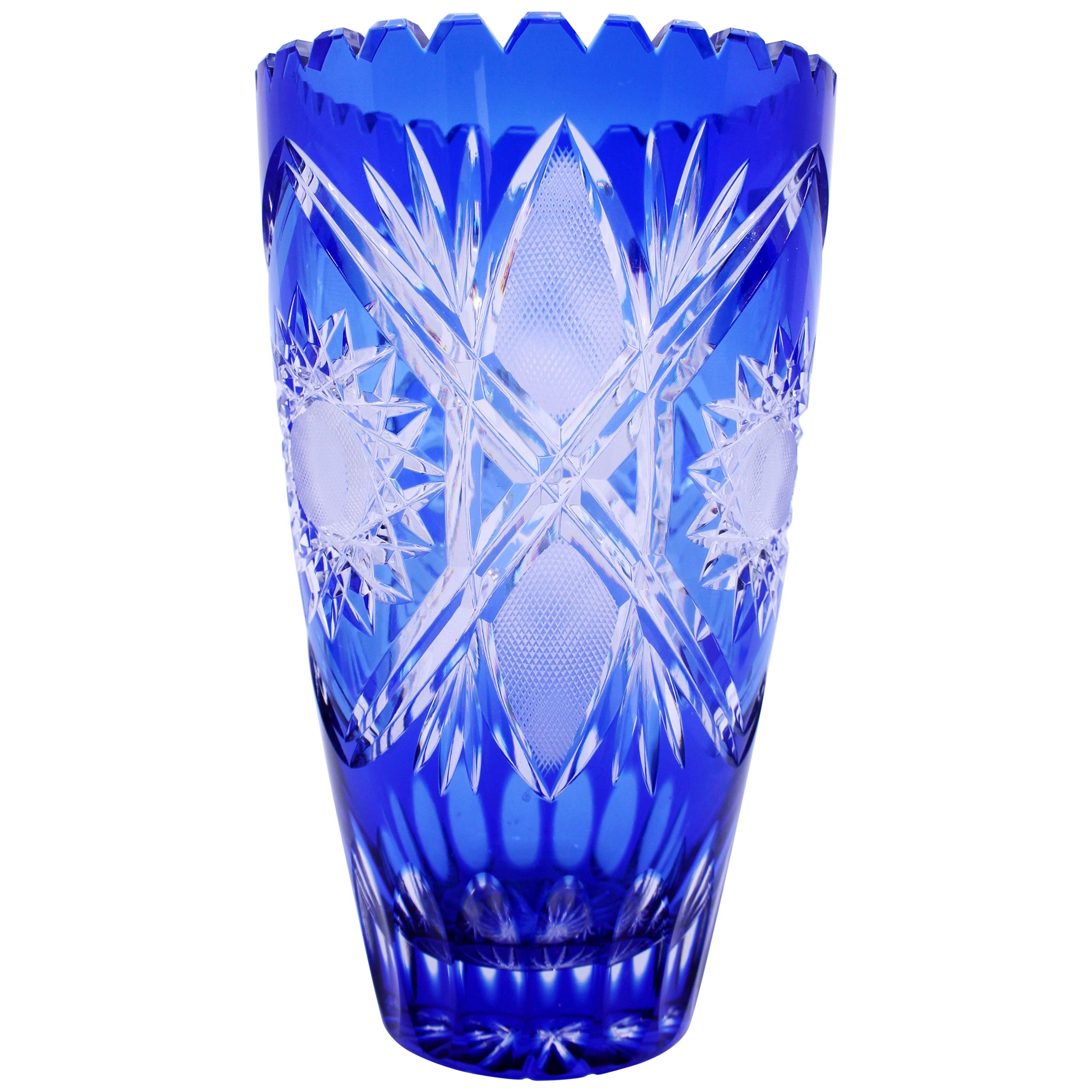 German Lausitzer Blue Overlay Crystal Vase For Sale
