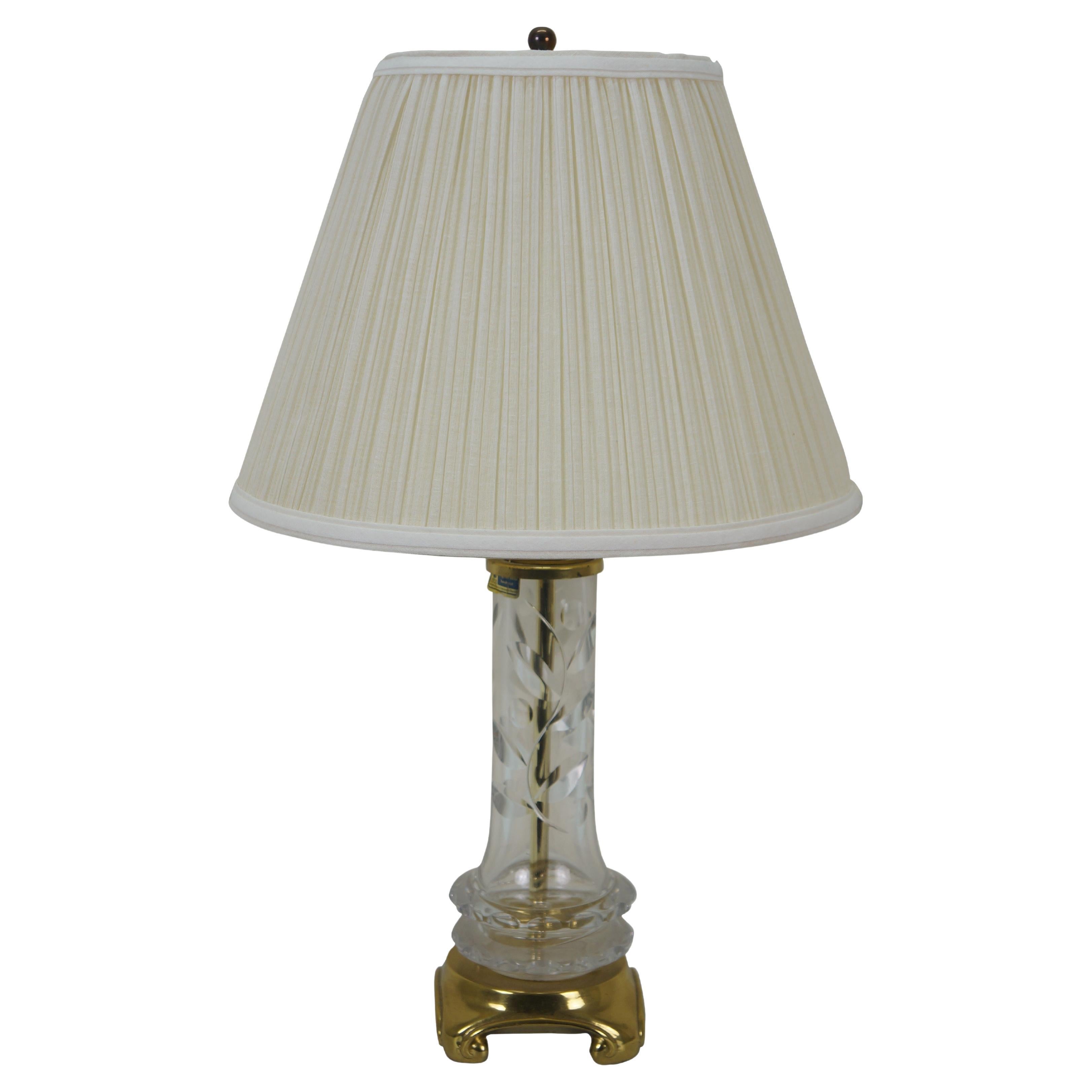 German Lausitzer Hollywood Regency Brass Crystal Leaf Etched Vanity Lamp 20"