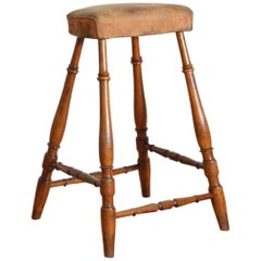 German Light Oak and Leather Upholstered Tall Stool, Mid-19th Century