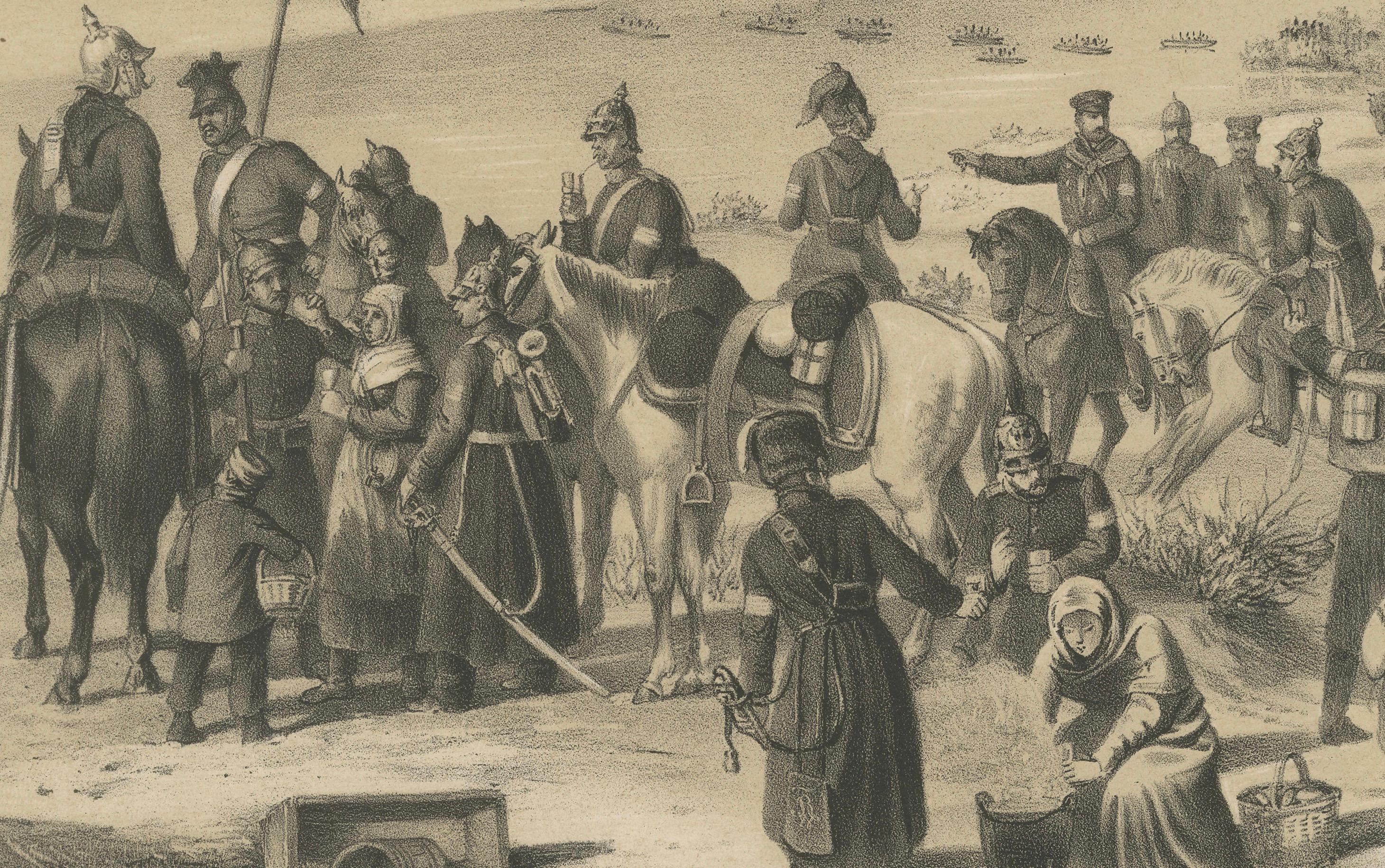 German Lithograph of the Schleswig War Crossing at the Schlei Near Arnis, 1864