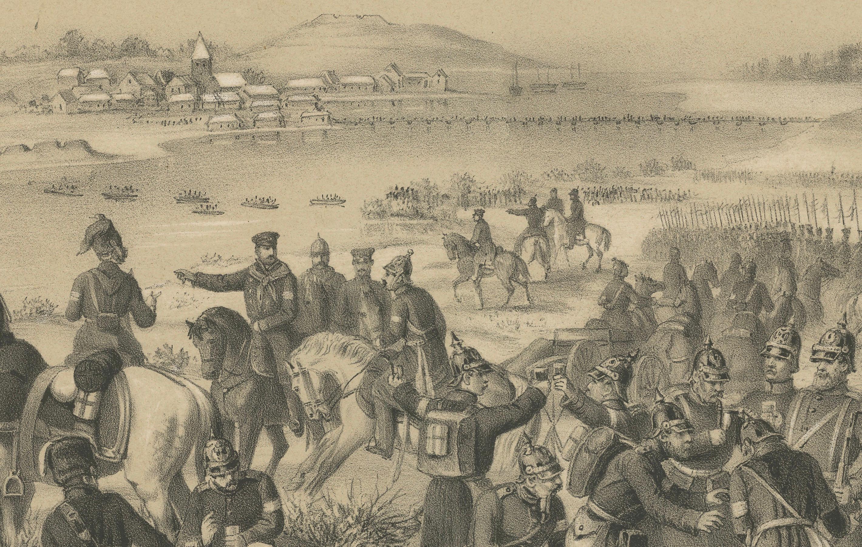 German Lithograph of the Schleswig War Crossing at the Schlei Near Arnis, 1864