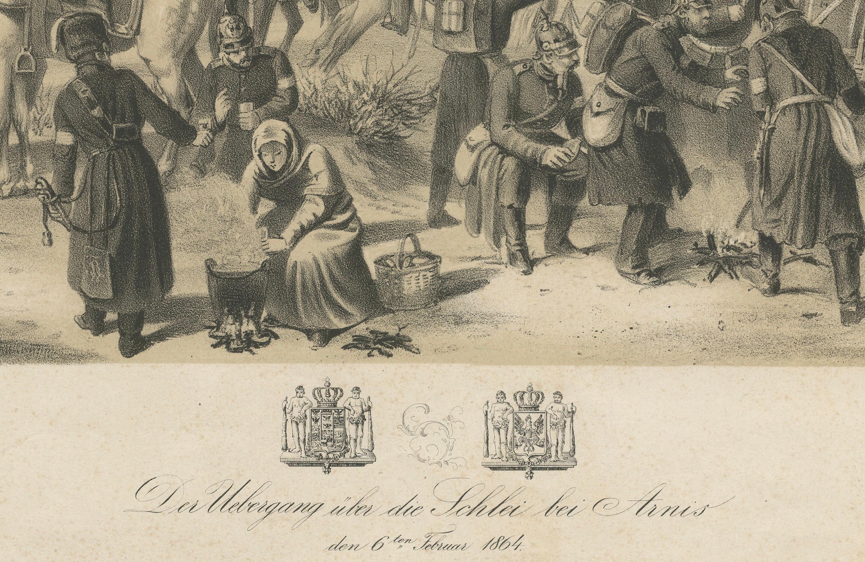 German Lithograph of the Schleswig War Crossing at the Schlei Near Arnis, 1864