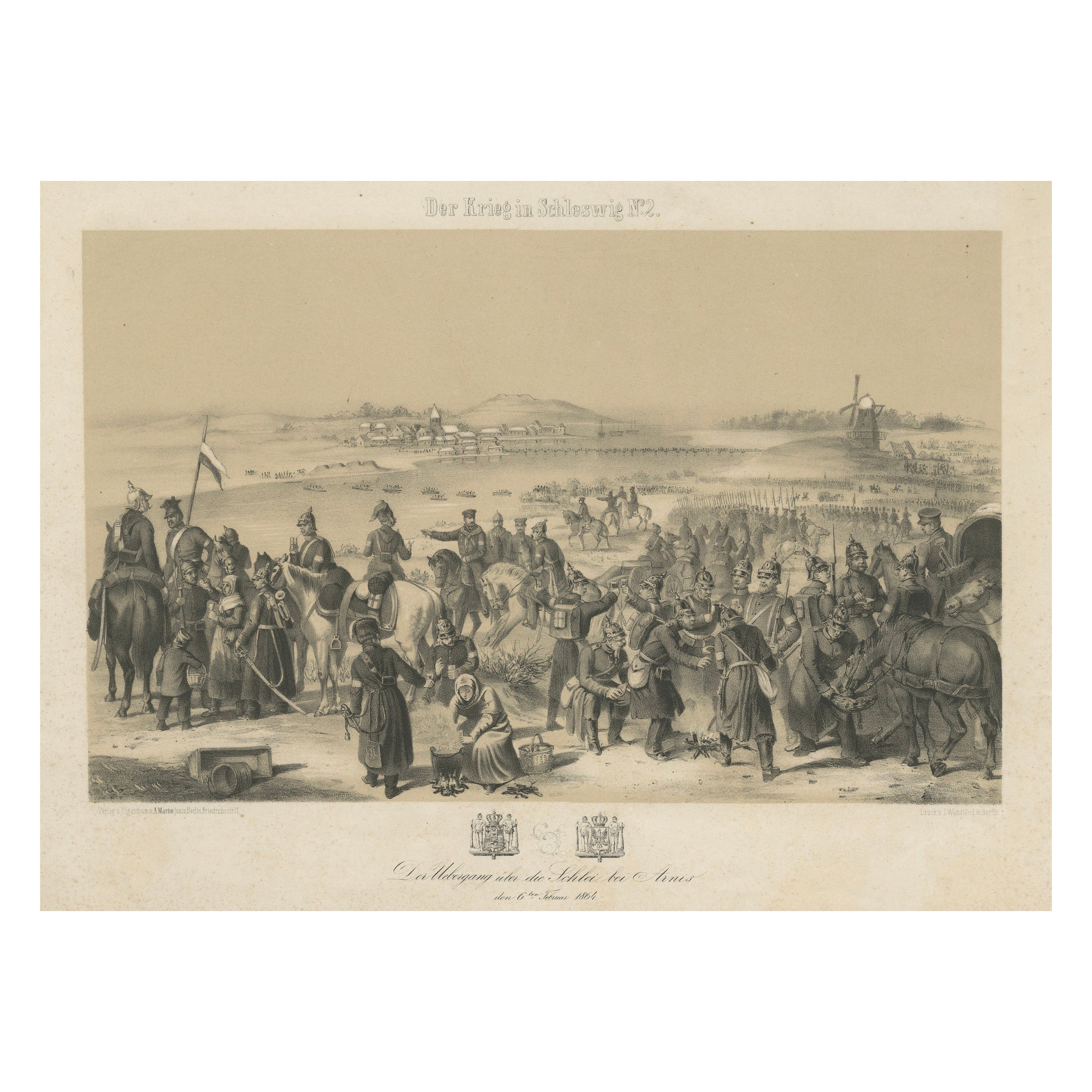 German Lithograph of the Schleswig War Crossing at the Schlei Near Arnis, 1864
