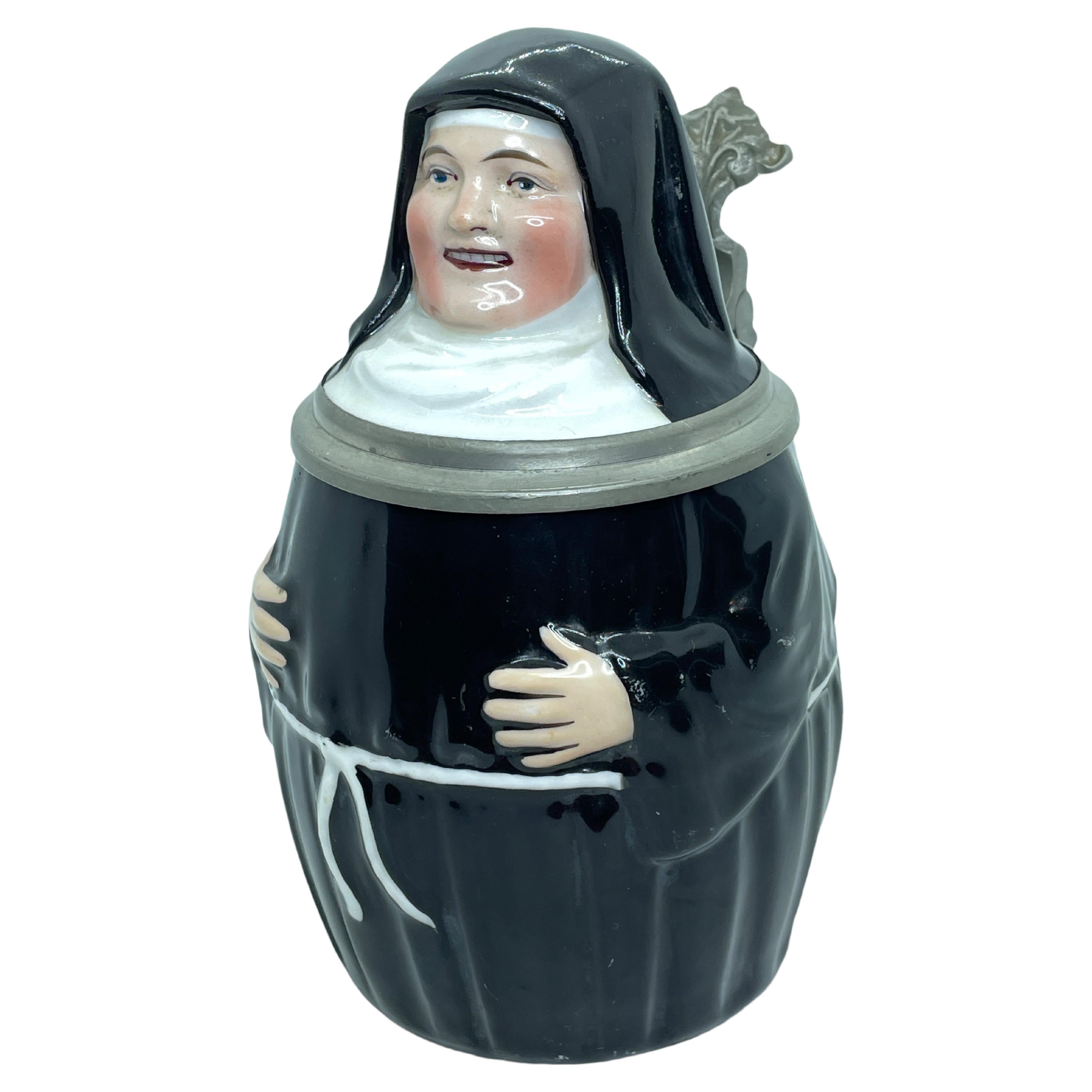 German Lithophanes Figural Nun Beer Stein, Antique Germany, 1900s
