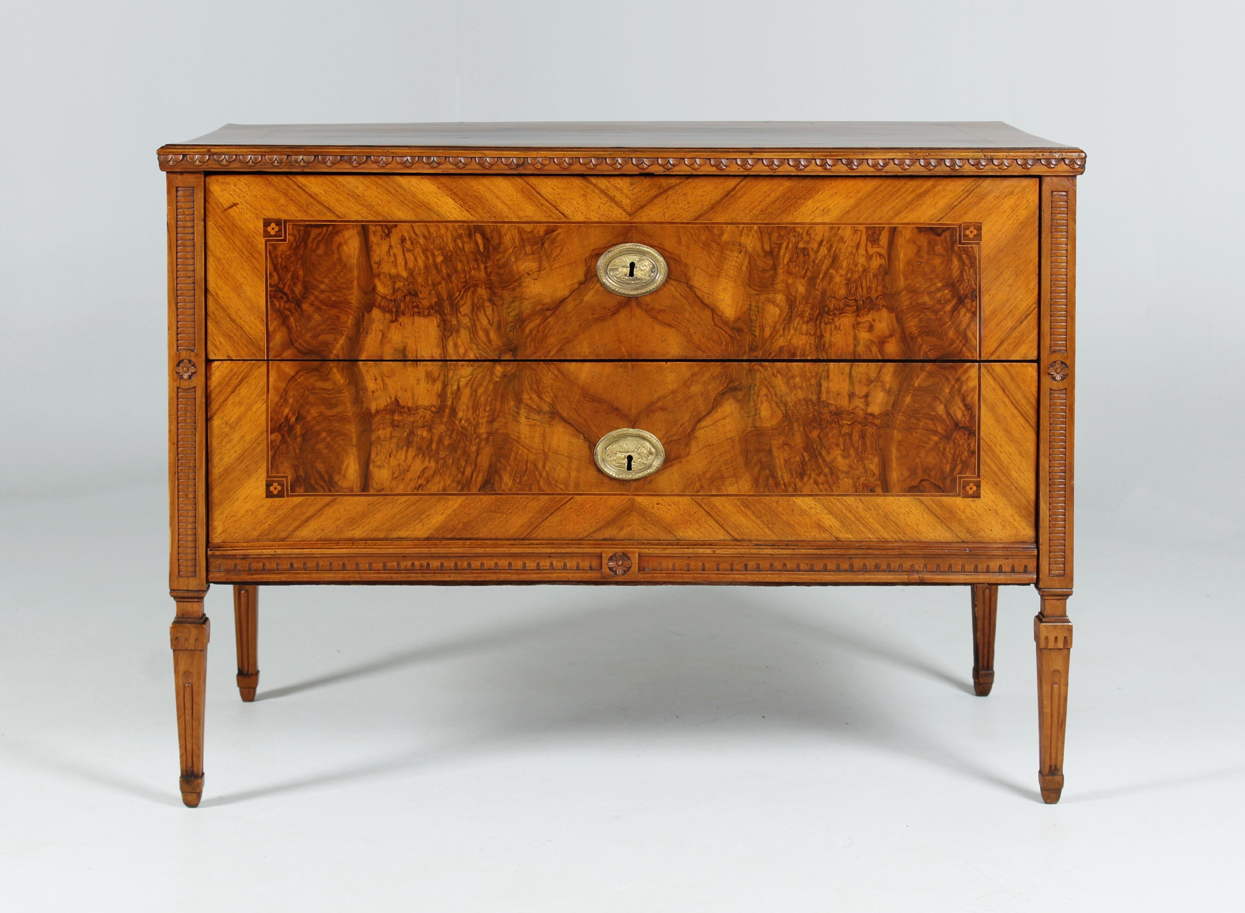 Hand-Carved German Louis XVI Chest Of Drawers with Carvings and Marquetry, circa 1780 For Sale