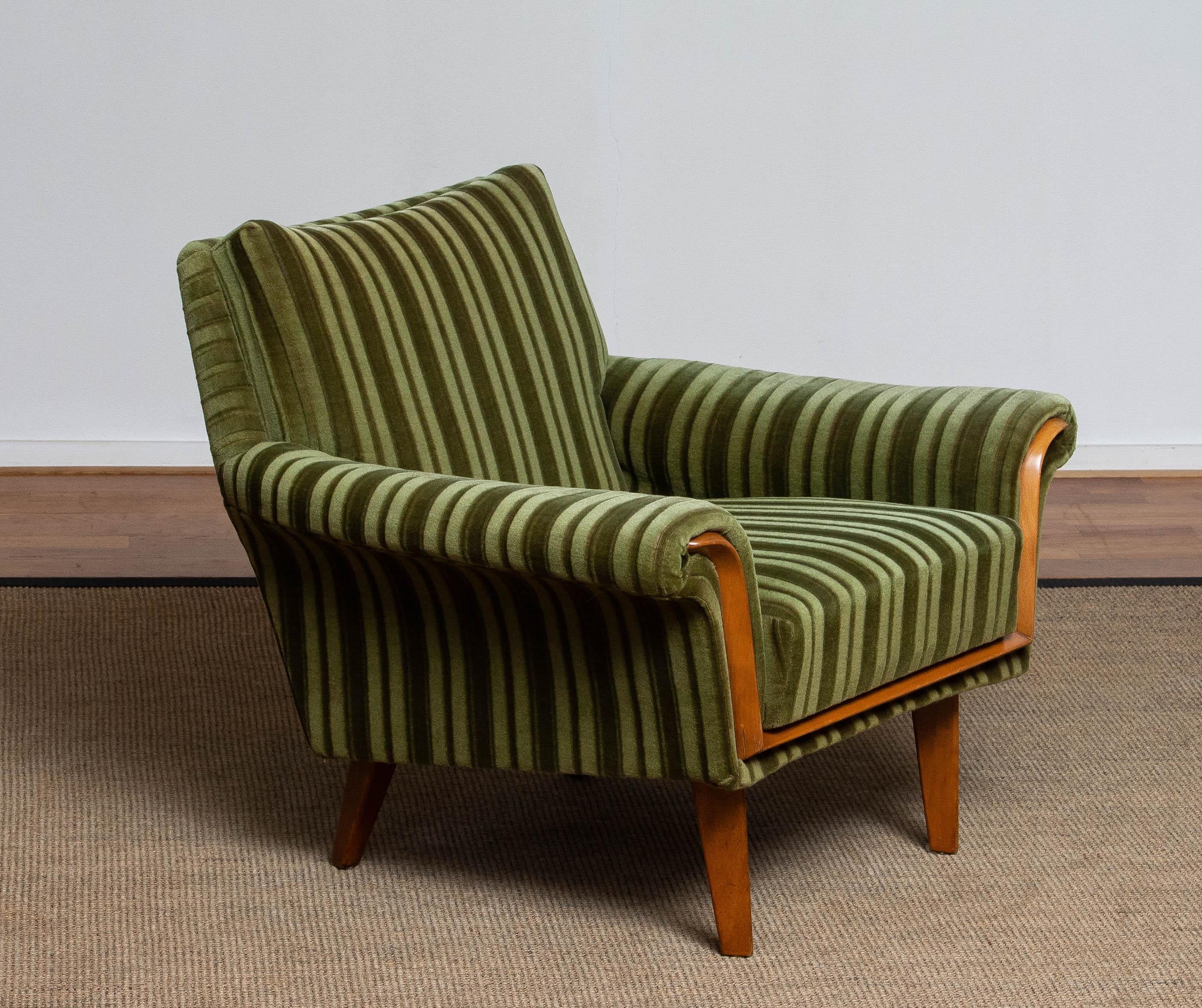 German Lounge Chair Beech Details Upholstered With Original Green Velvet. 1950s 5