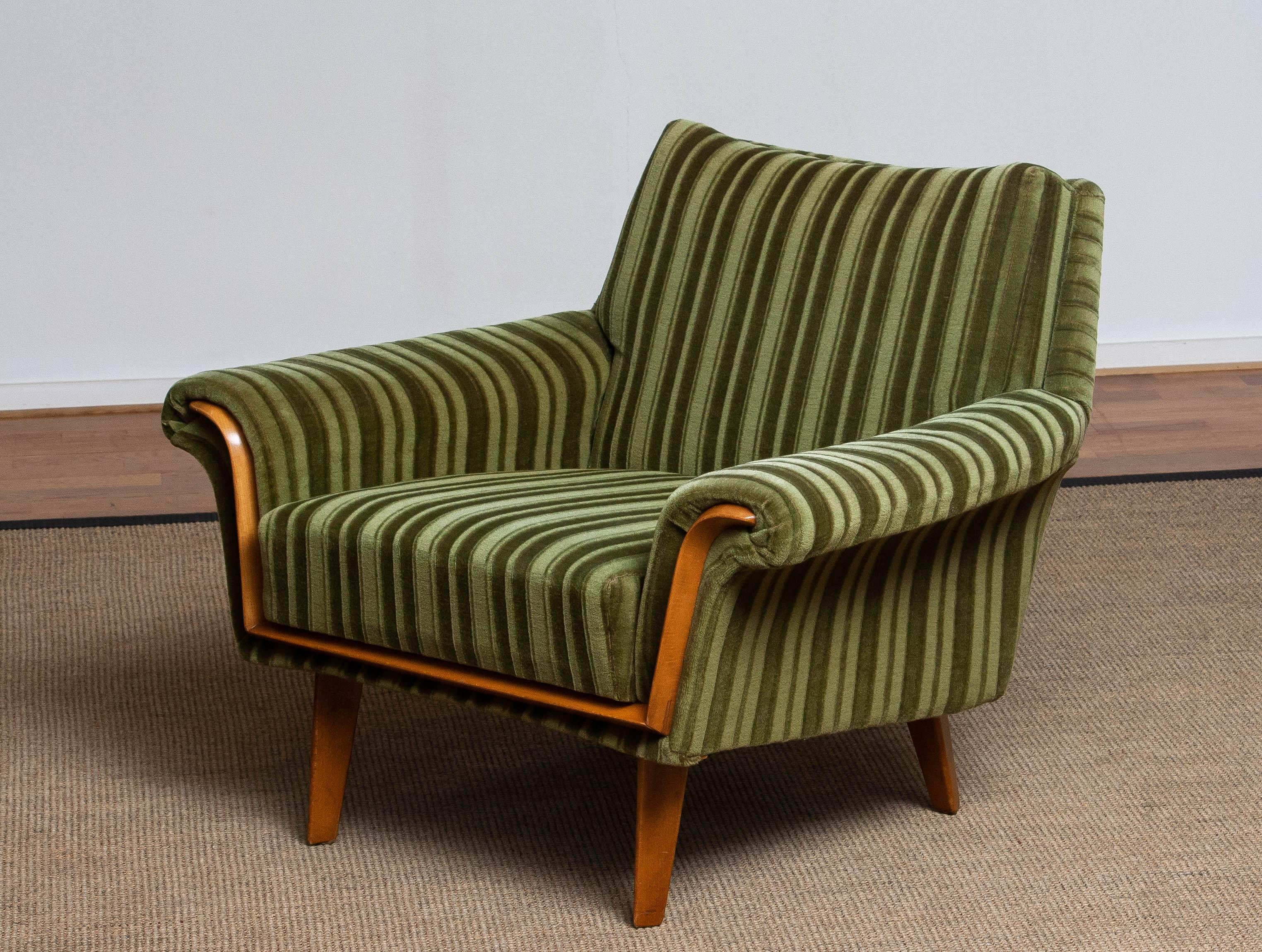 Mid-Century Modern German Lounge Chair Beech Details Upholstered With Original Green Velvet. 1950s