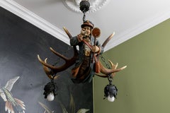 German Lustermannchen Carved-Wood Pendant Light with Figural Railway Official